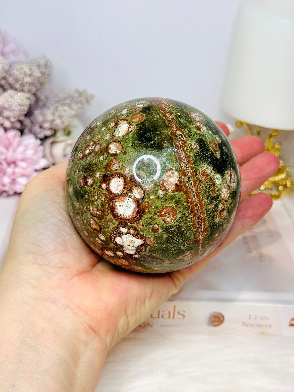 Large Green Cherry Jasper Sphere on Stand 825g