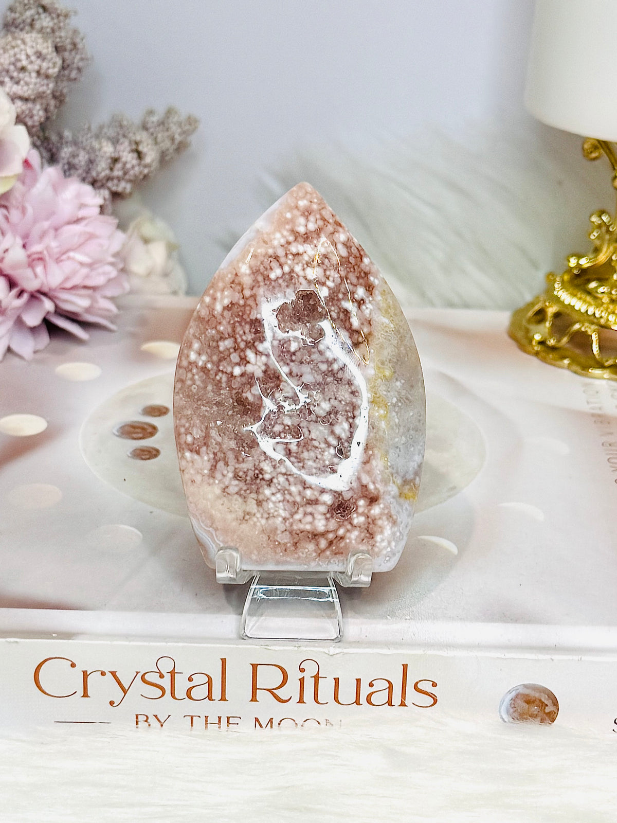 Flower Agate Carved Thin Flame on Stand 7.5cm