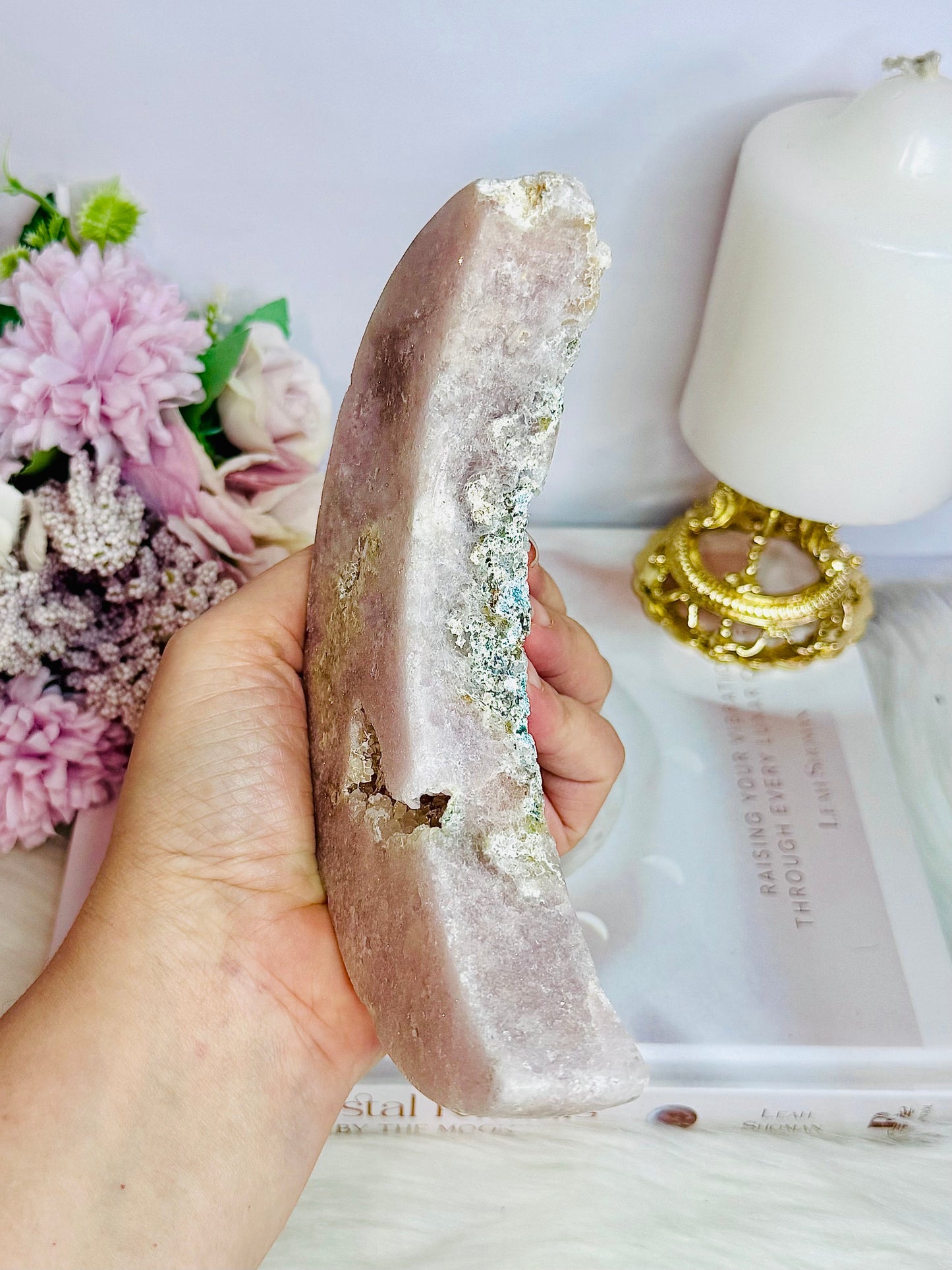 Large Chunky 15cm Druzy Pink Amethyst Carved Moon From Brazil