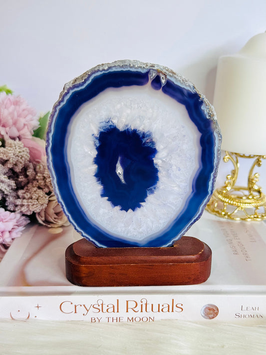Large 13.5cm Purple Dyed Agate Slice On Timber Stand From Brazil