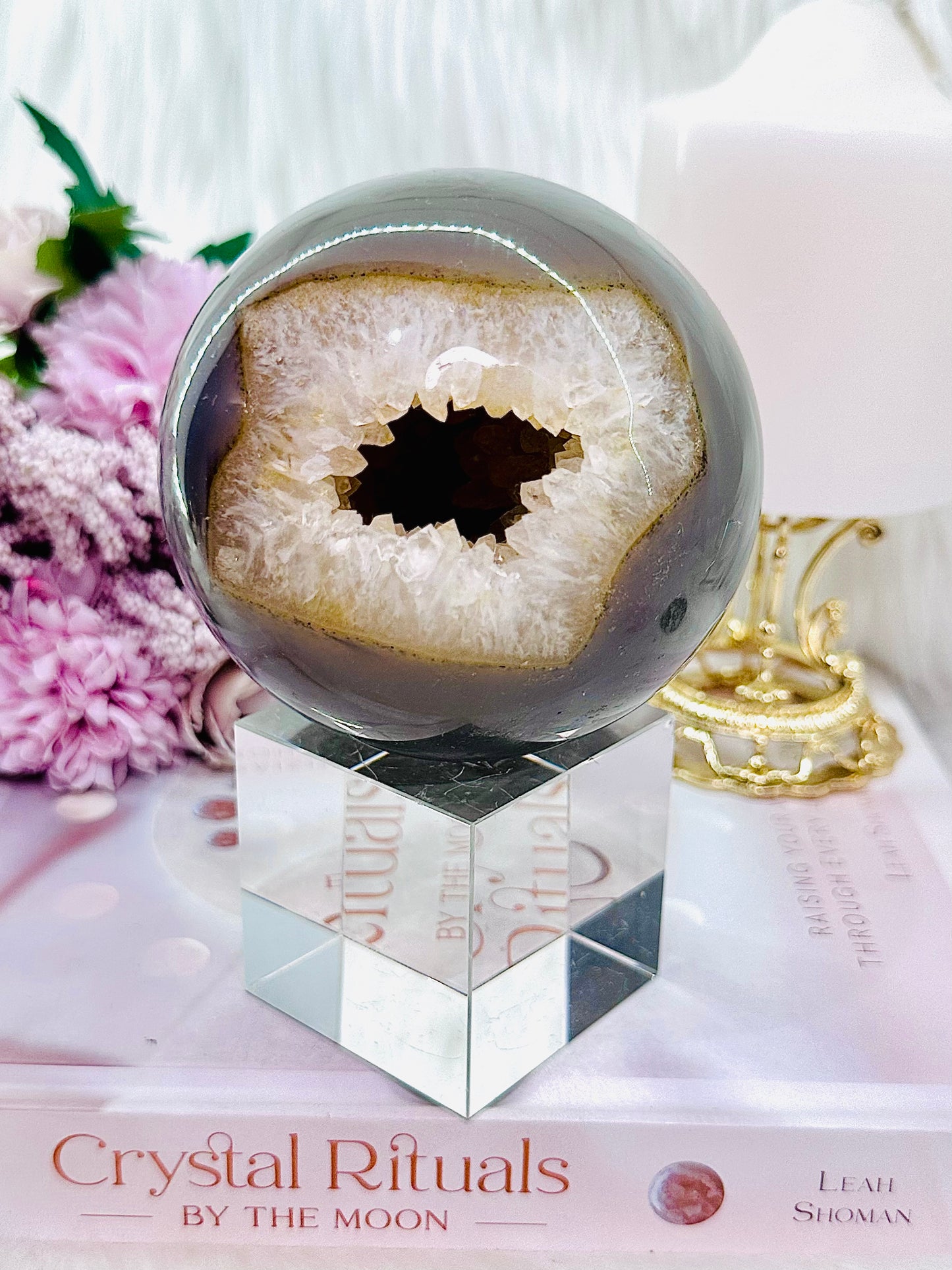 Magical & Incredible Large 821gram Perfect Druzy Agate Sphere On Stand From Brazil (Glass stand in pic is display only)