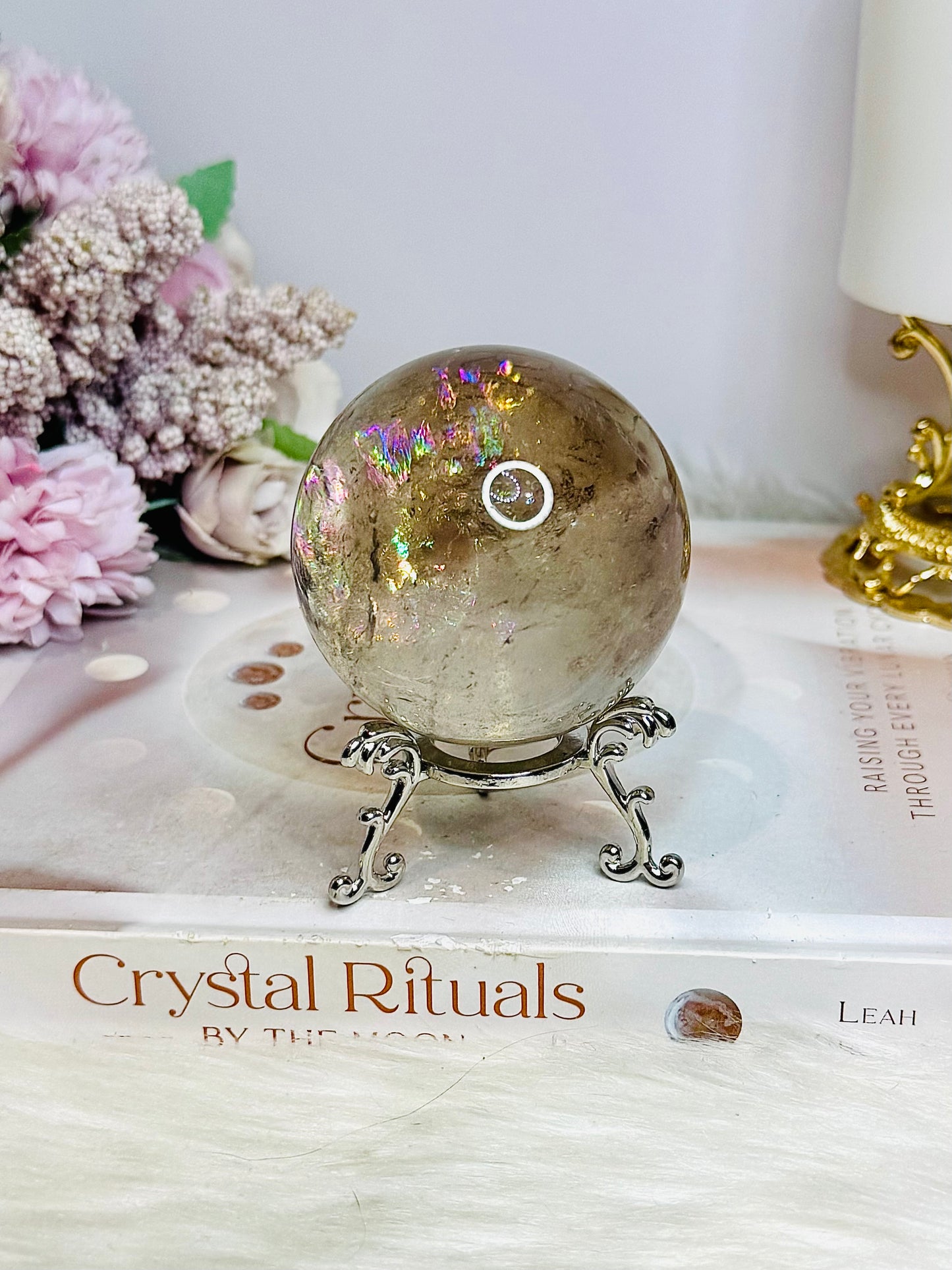 High Grade Smokey Quartz Sphere Full of Rainbows on Stand 307g
