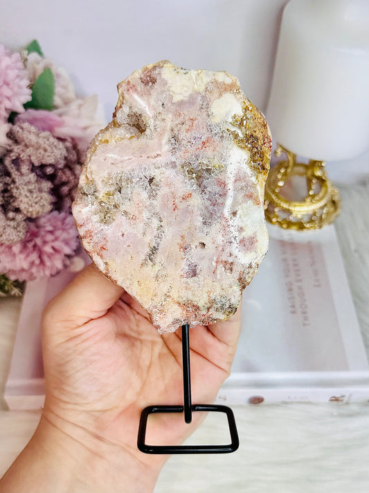 Natural Pink Amethyst Druzy Slab On Stand 15cm
