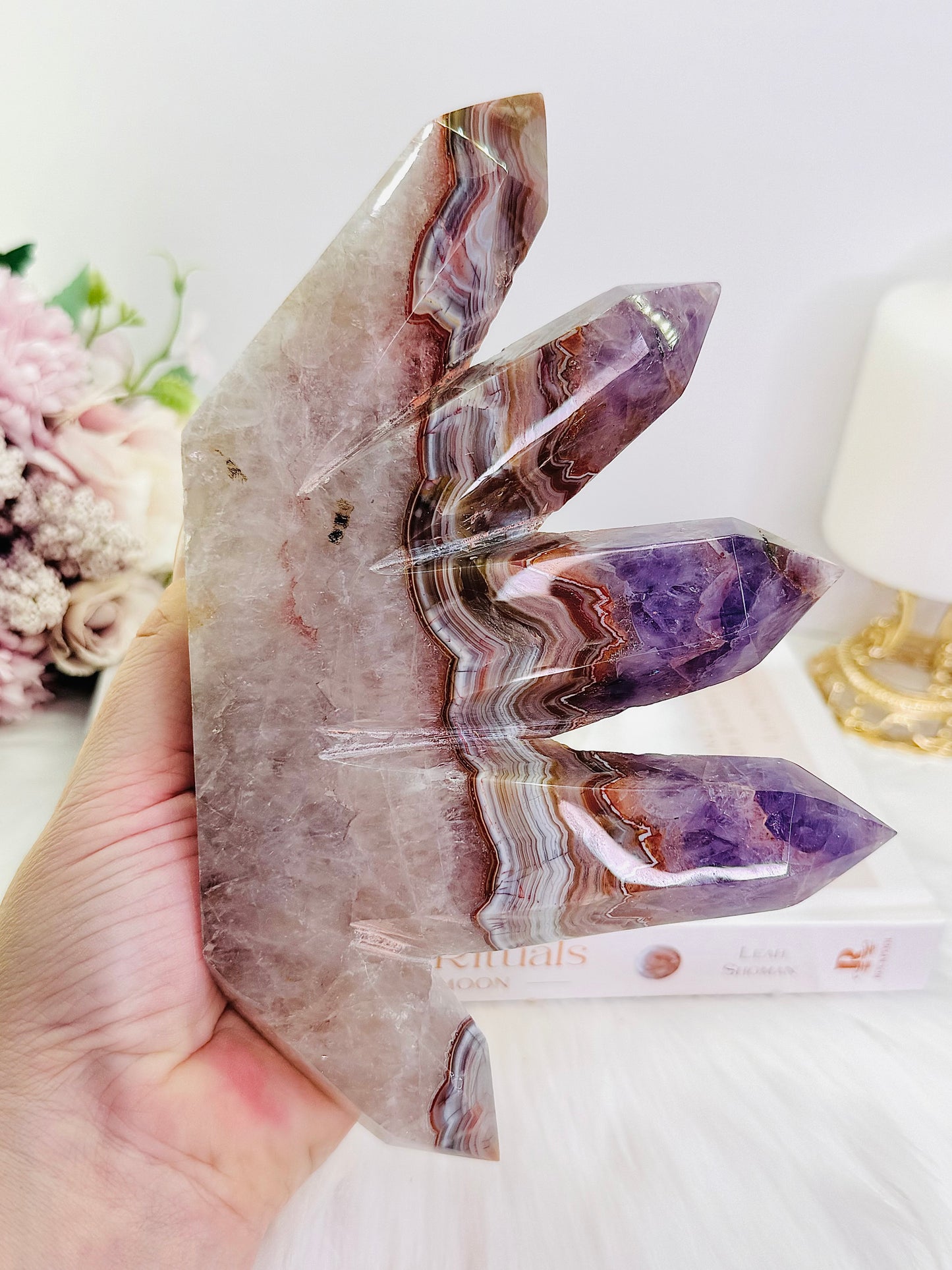 Incredible & Absolutely Gorgeous Large 20cm (length) Amethyst X Mexican Lace Agate 4 Point Tower Just Spectacular