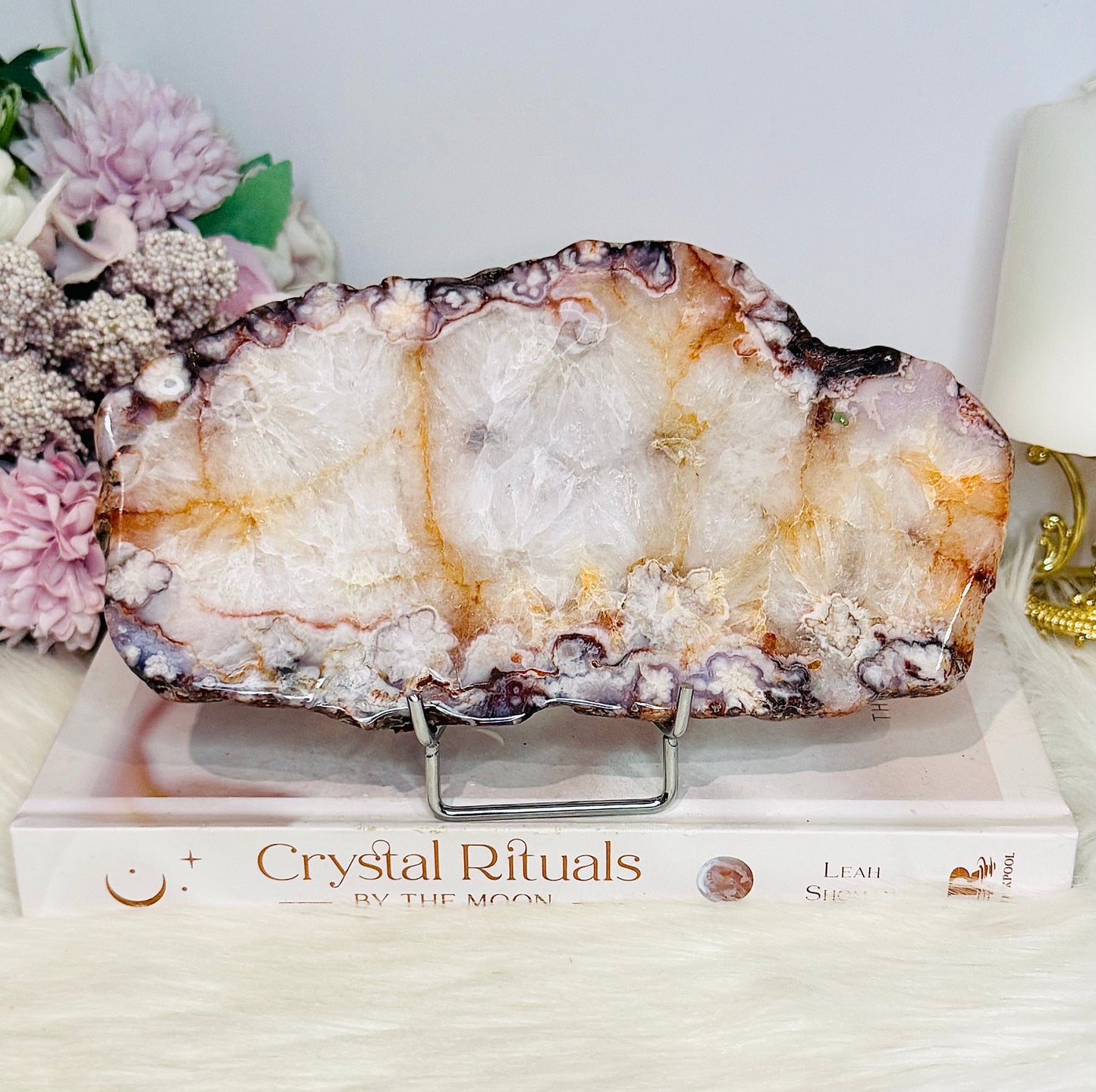 Polished Flower Agate Slab On Stand 19cm