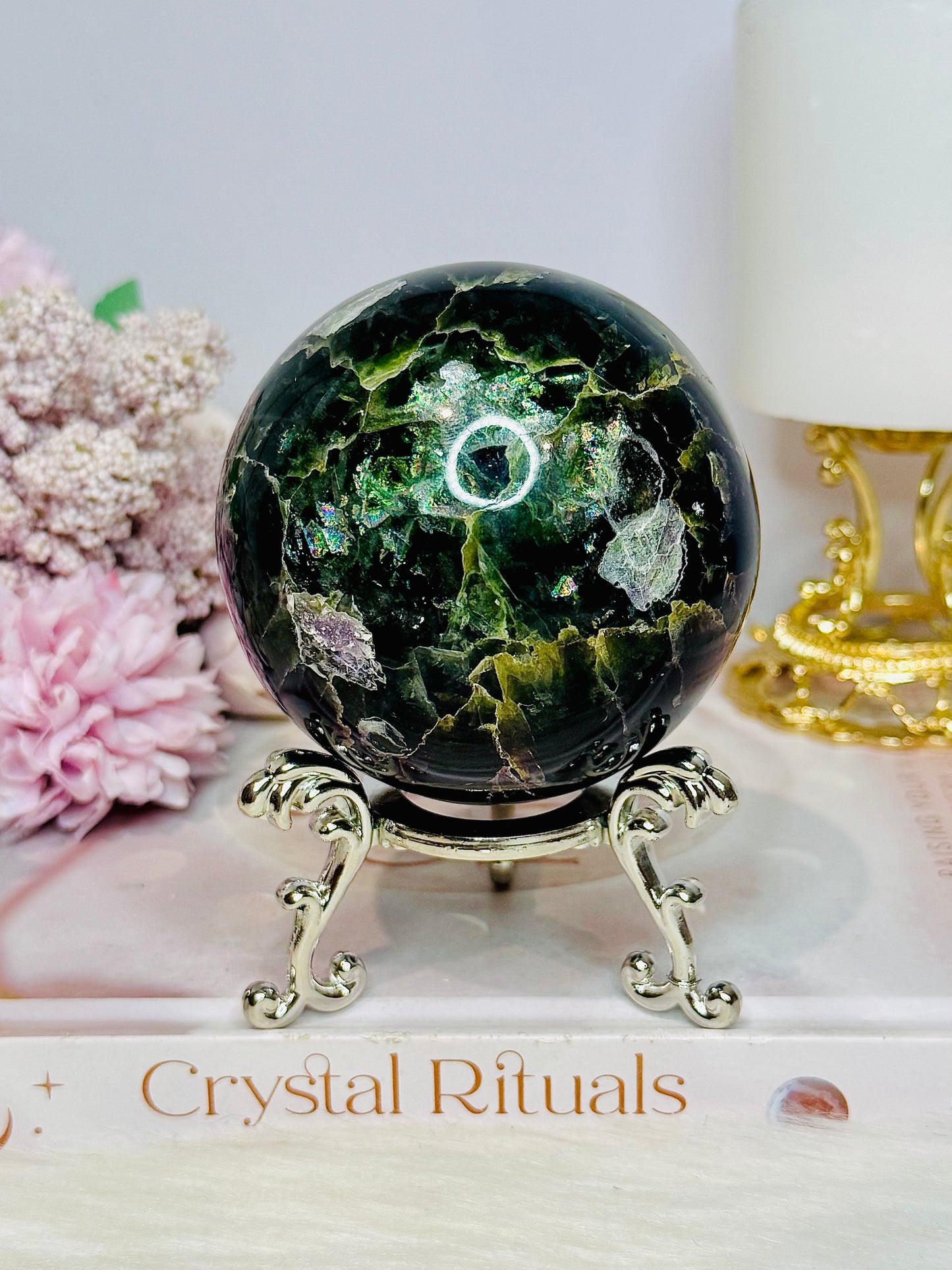 Large Fluorite Sphere with Rainbows 728g On Stand