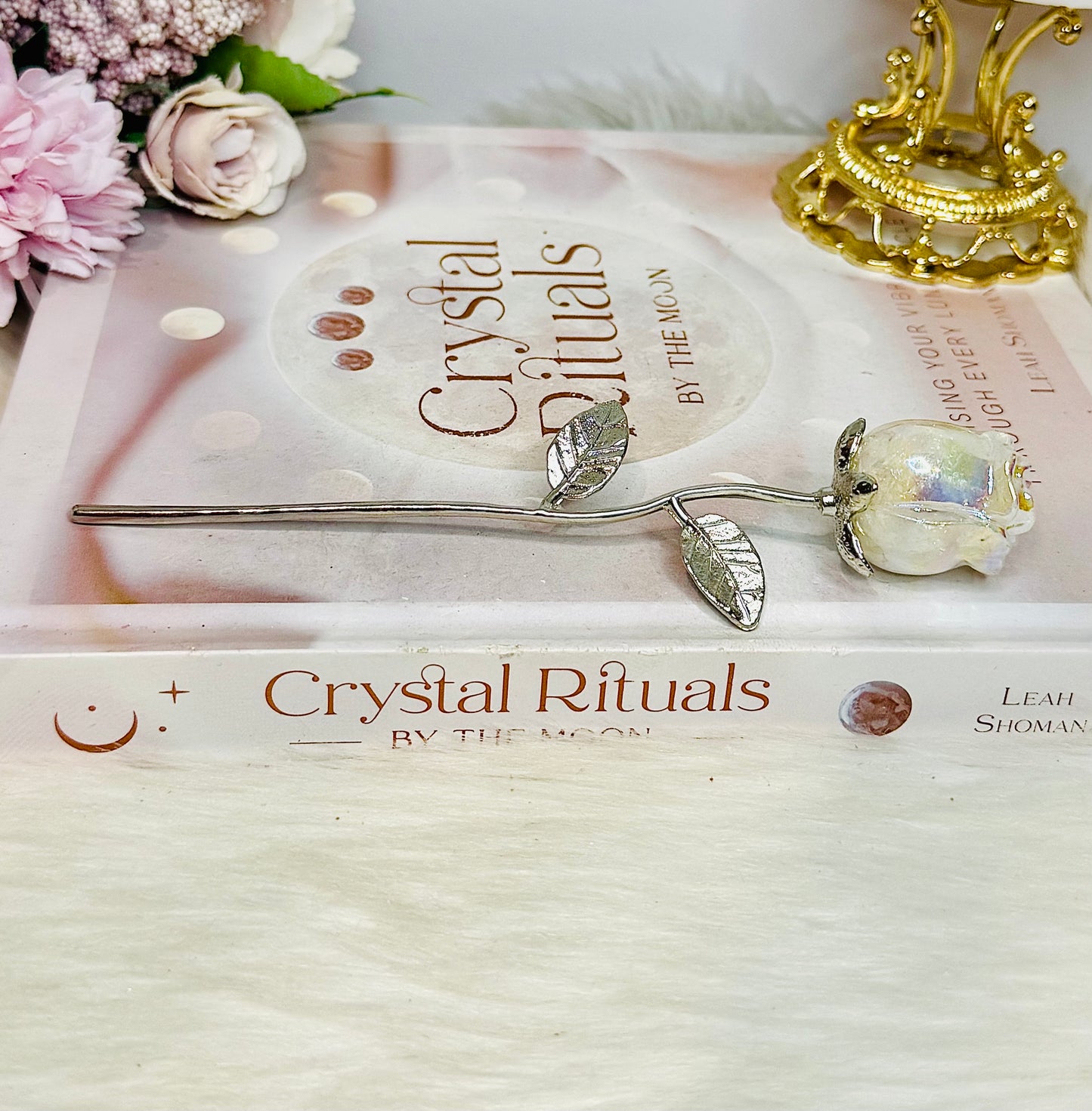 Angel Aura Clear Quartz Rose with Silver Stem 15cm