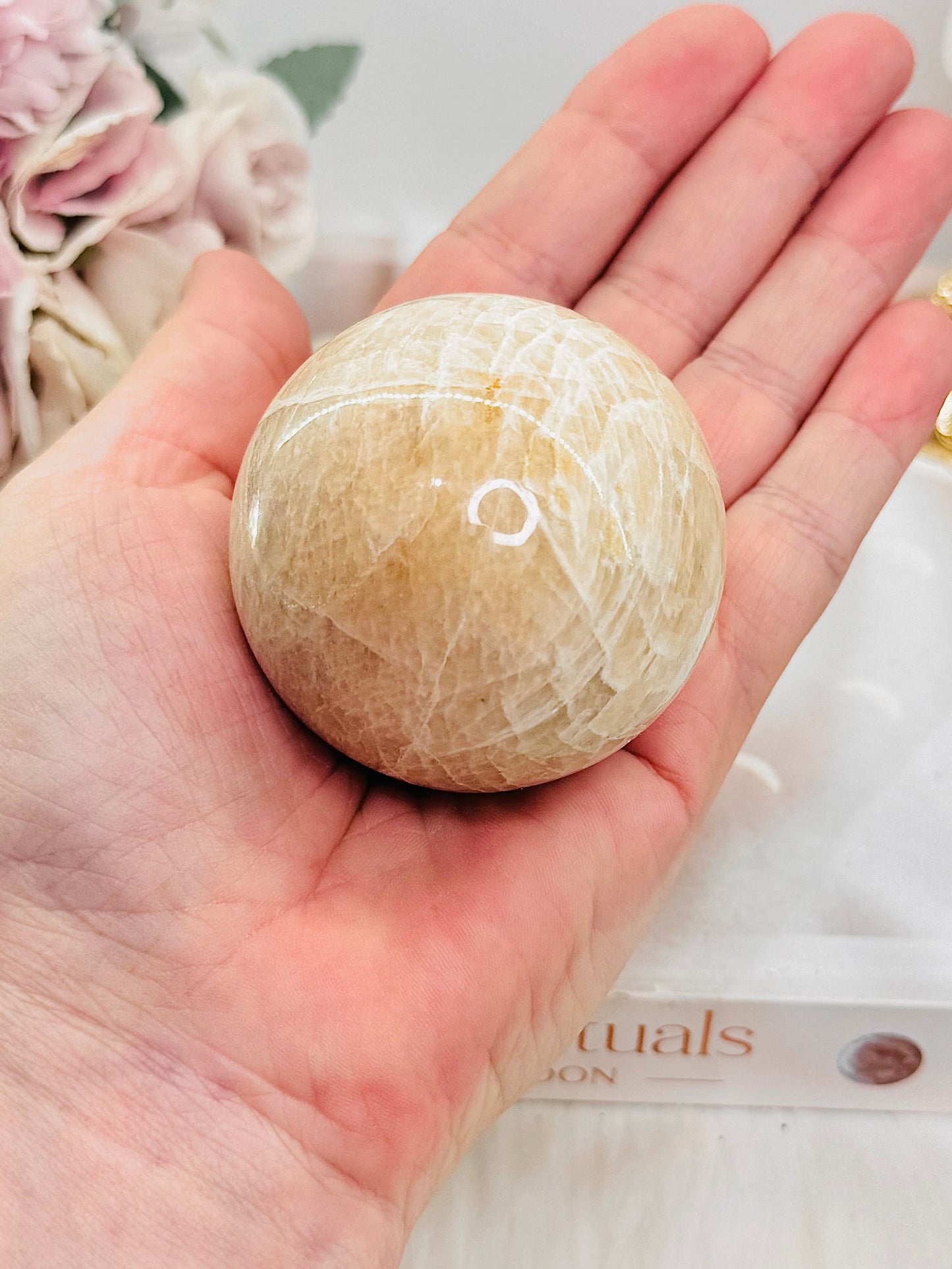 Peach Moonstone Sphere with Flash on Stand 223g