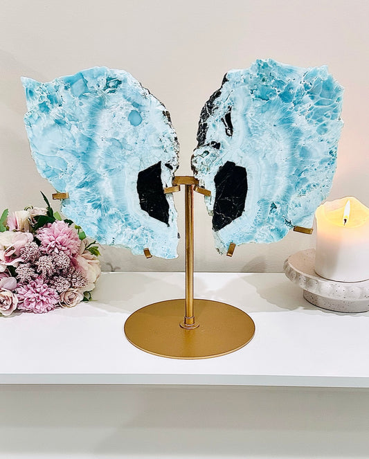 ⚜️SALE⚜️ ‘ Calming & Joyful ‘ ~ Classy & Fabulous Absolutely Stunning Huge 30cm Inc Stand (Wings 24cm) High Grade Blue Aragonite Wings On Gold Stand ~ Spectacular Piece Of Magic
