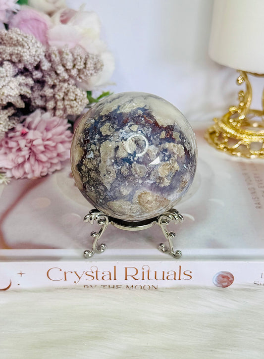 Gorgeous Natural Cherry Agate Carved Sphere On Stand 371grams