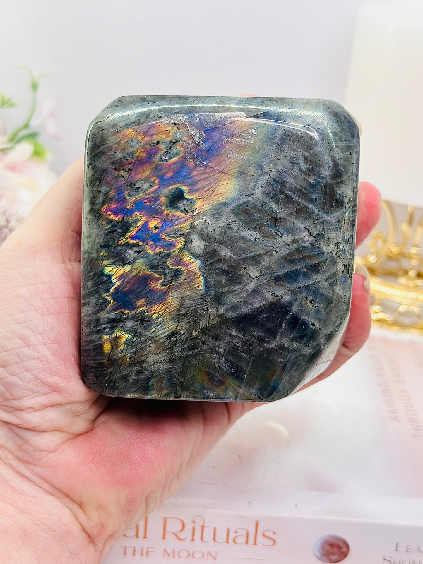 Large Polished Labradorite Freeform 638g with Pink & Purple Flash (looks blue but is purple)