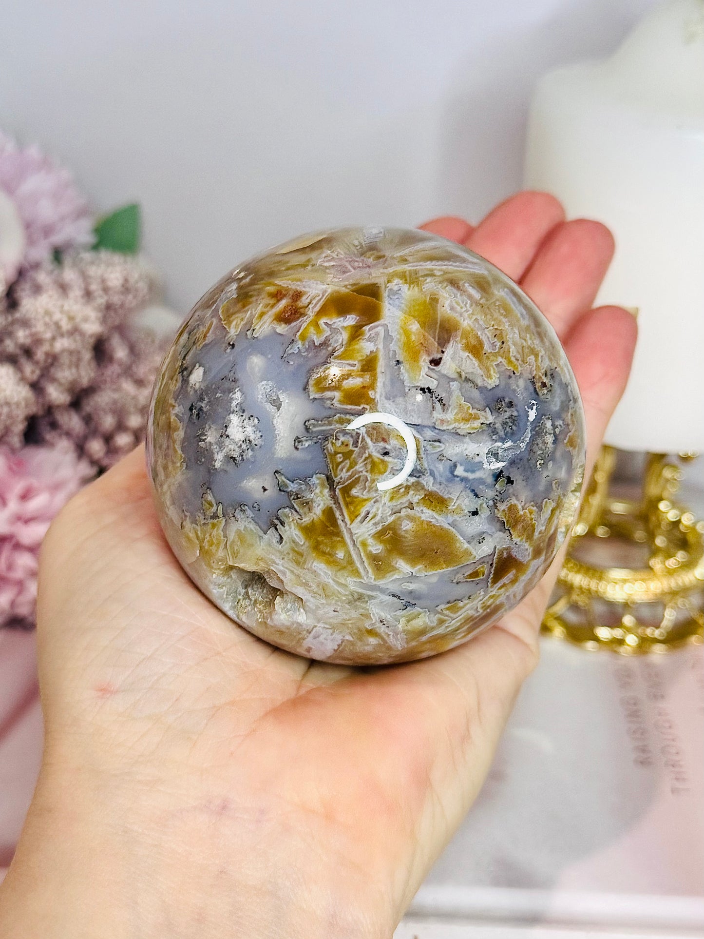 Large Ocean Jasper Rutile Druzy Sphere on Stand