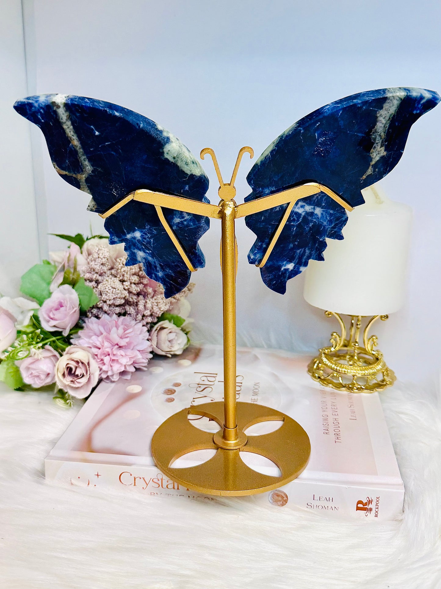 Large Blue Sodalite Carved Butterfly Wings on Stand 21.5cm
