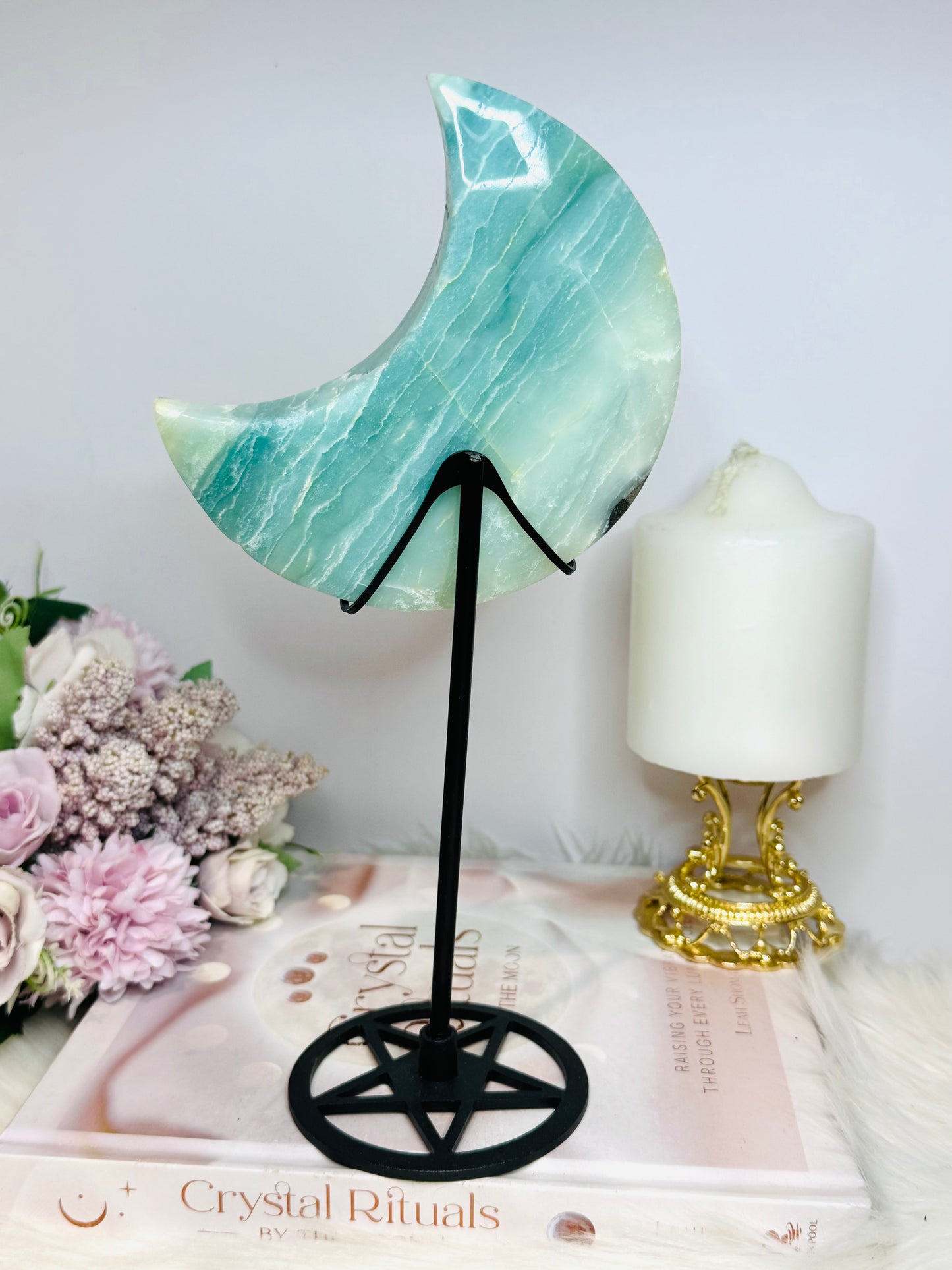 Large Sky Blue Quartz Carved Chunky Moon On Stand 25cm 502g