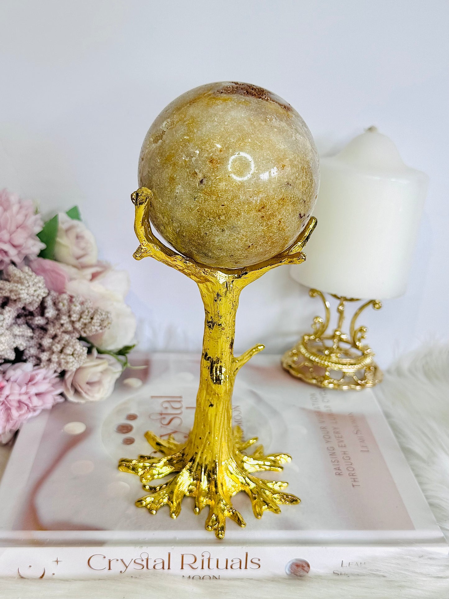 Stunning Druzy Pink Amethyst Large Sphere on Gold Tree Stand 578grams 20cm