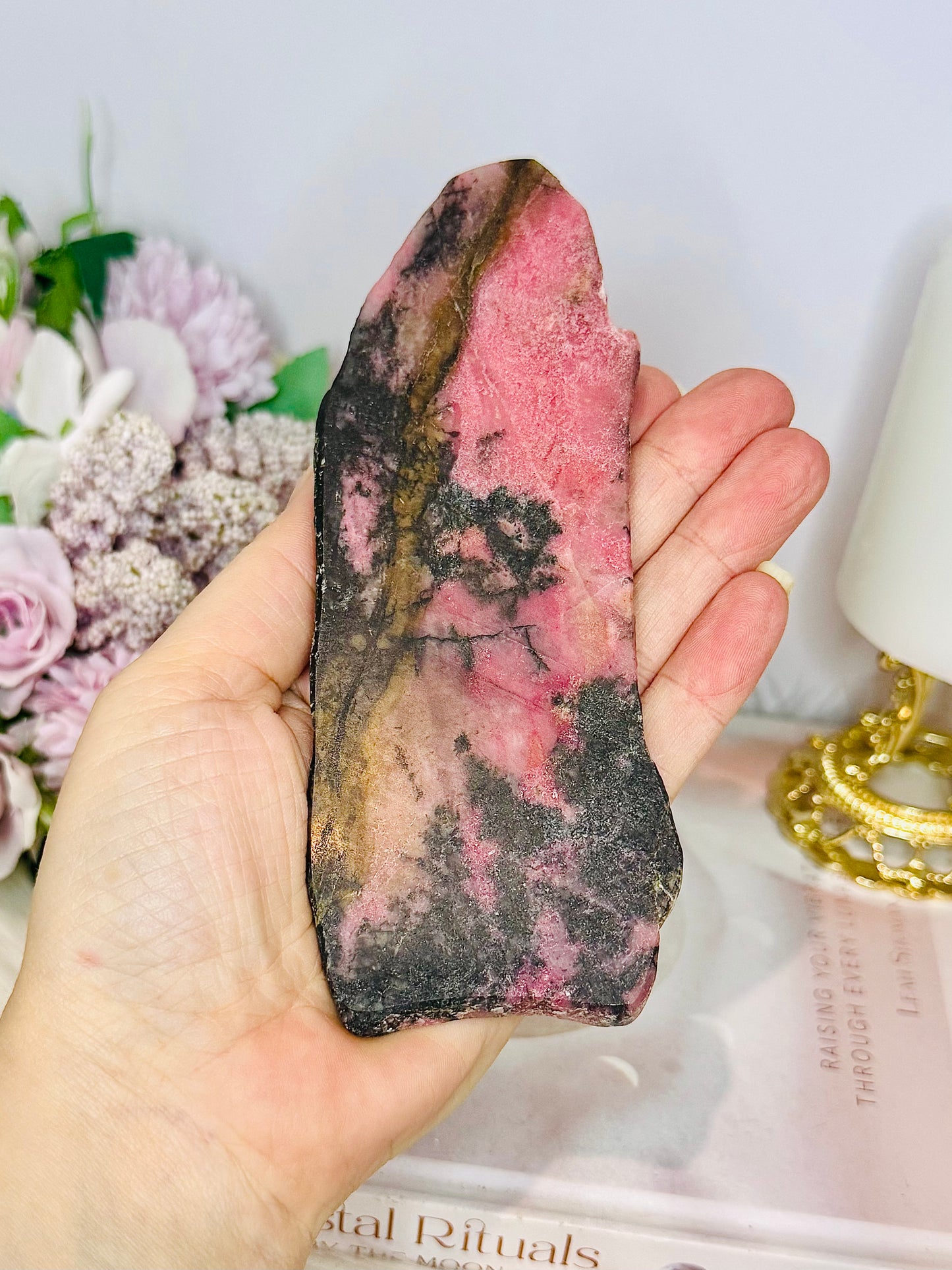 High Grade Rhodonite Slab on Stand 15cm