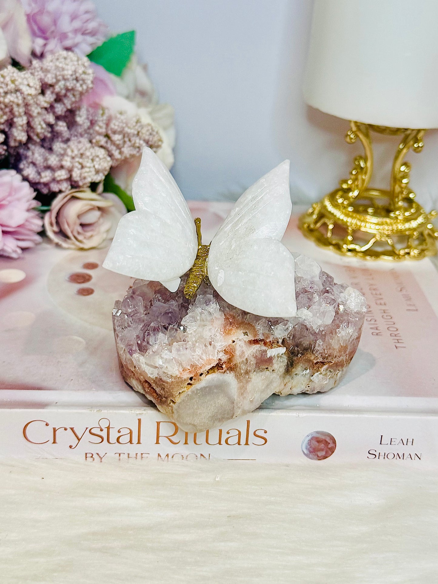 Chunky Pink Amethyst Cluster with White Jade Butterfly