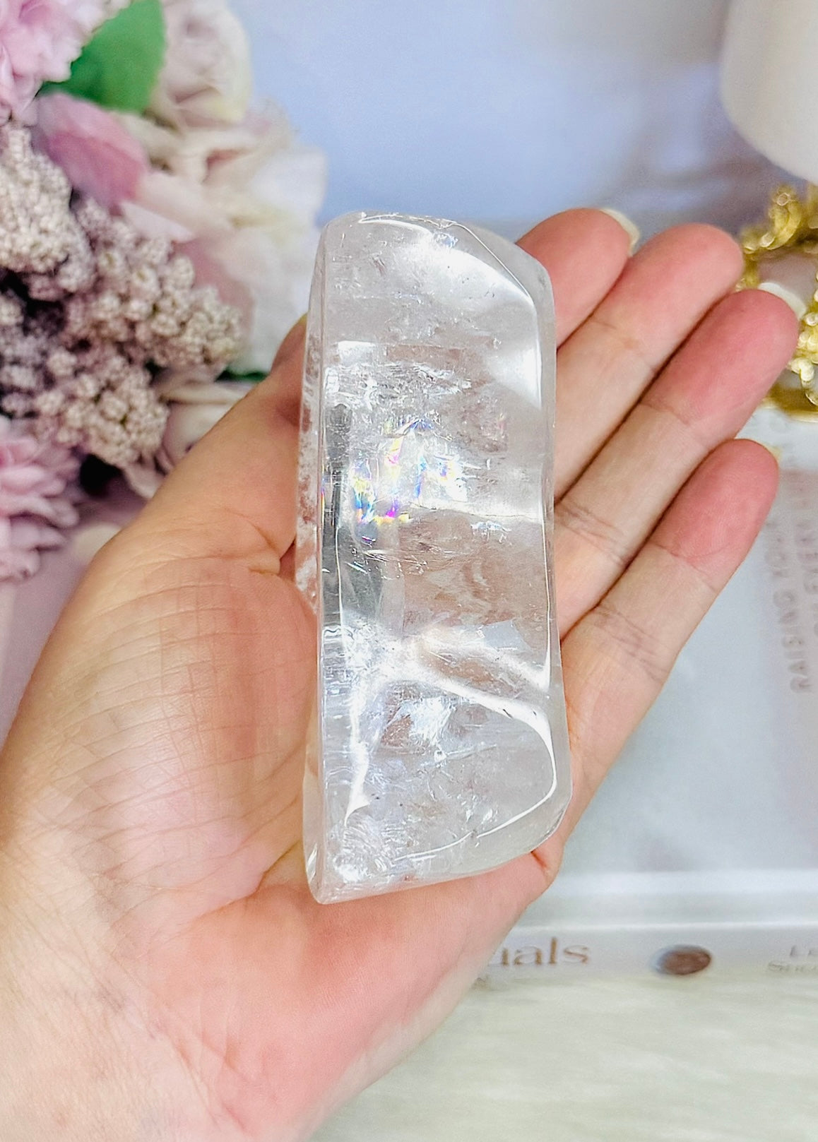 High Grade Clear Quartz Chunky Moon Bowl with Rainbows 9cm