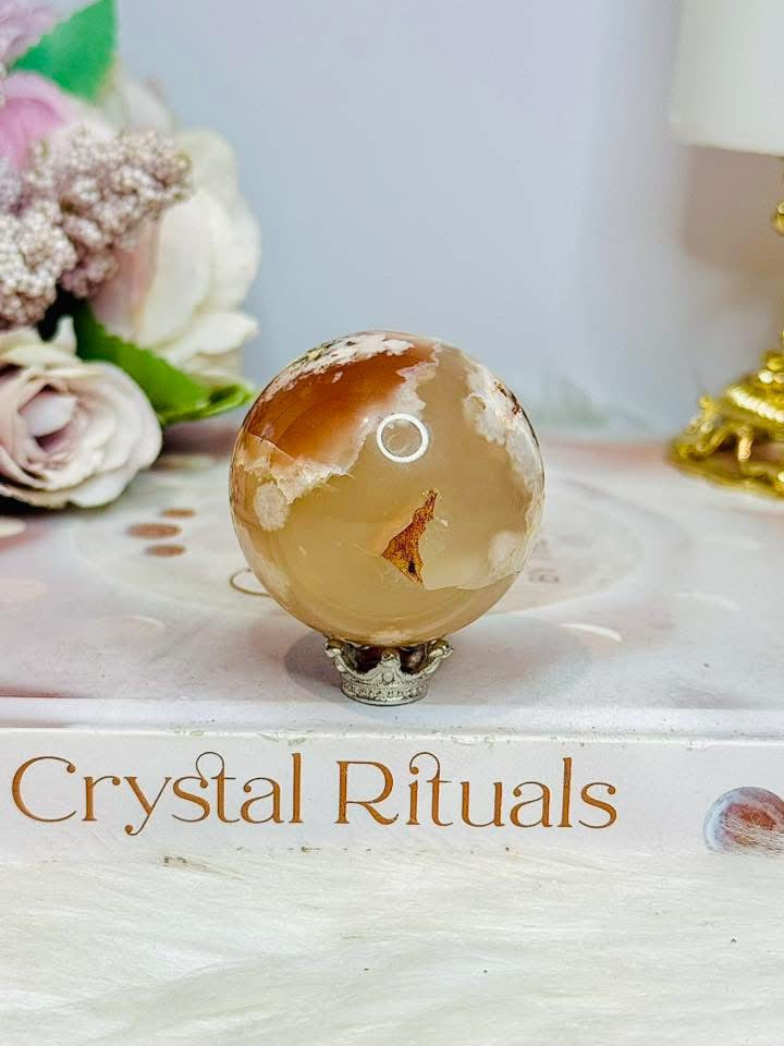 Small Flower Agate Druzy Sphere on Stand