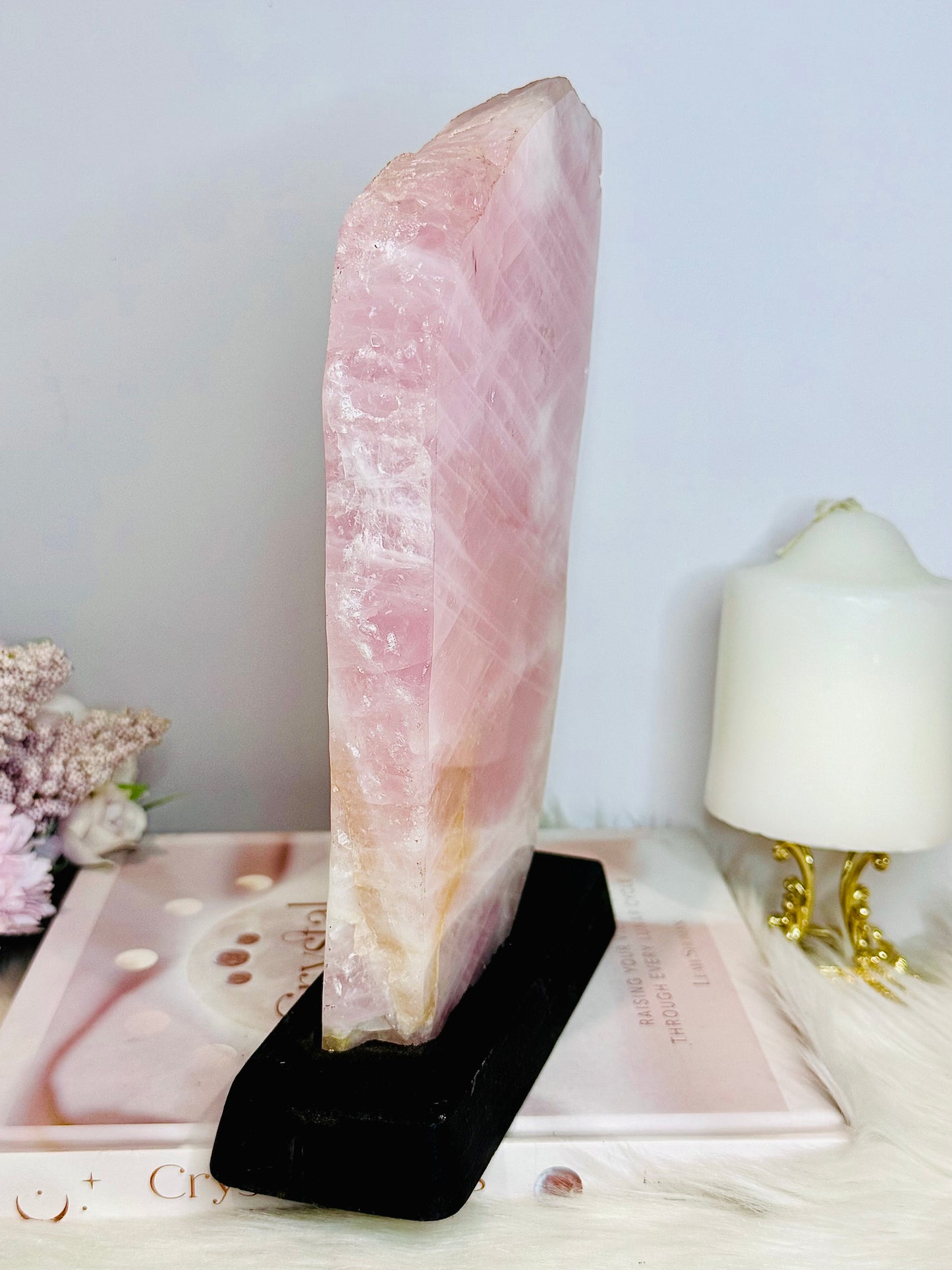 Natural Large Rose Quartz Chunky Slab on Timber Stand 1.53KG 24cm