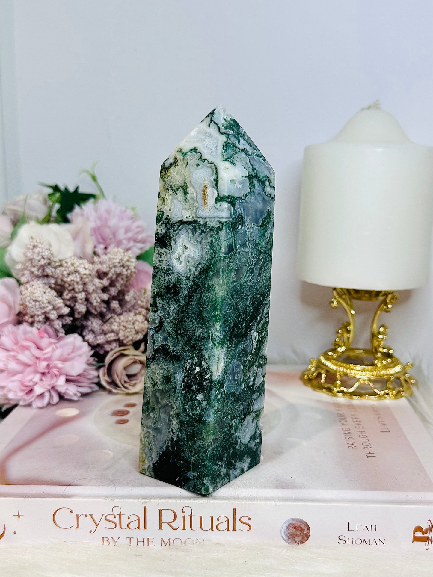 Moss Agate Druzy Tower 15cm 430g