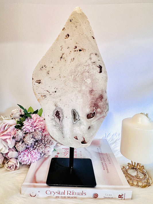 ⚜️ SALE ⚜️ Large 31cm 1.85KG Natural Pink Amethyst Druzy Slab On Stand From Brazil (tip of slab has imperfection)