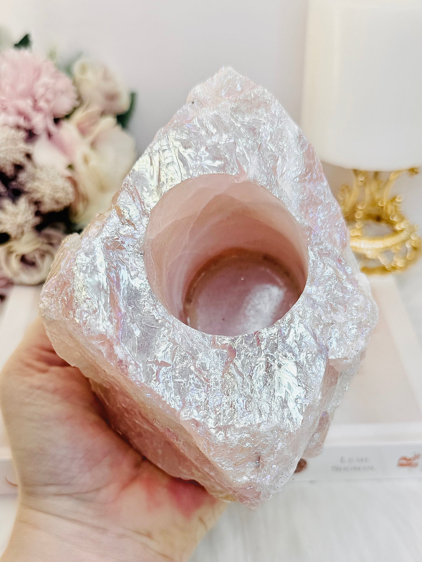 So Pretty!!!! Large Chunky 1.2KG 14cm Angel Aura Rose Quartz Candle Holder
