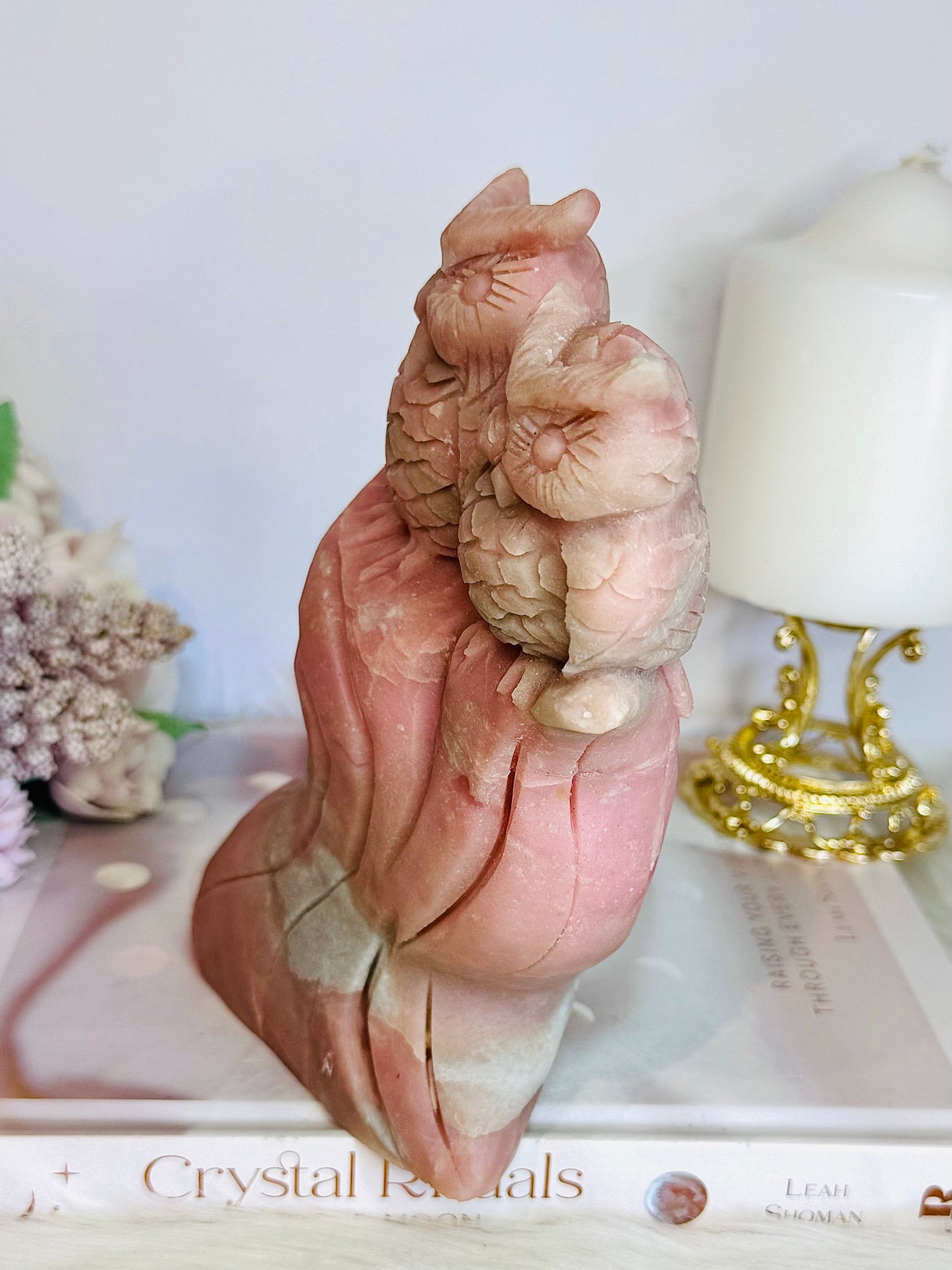 Incredibly Carved Huge Pink Opal Owls 16.5cm 1.15KG