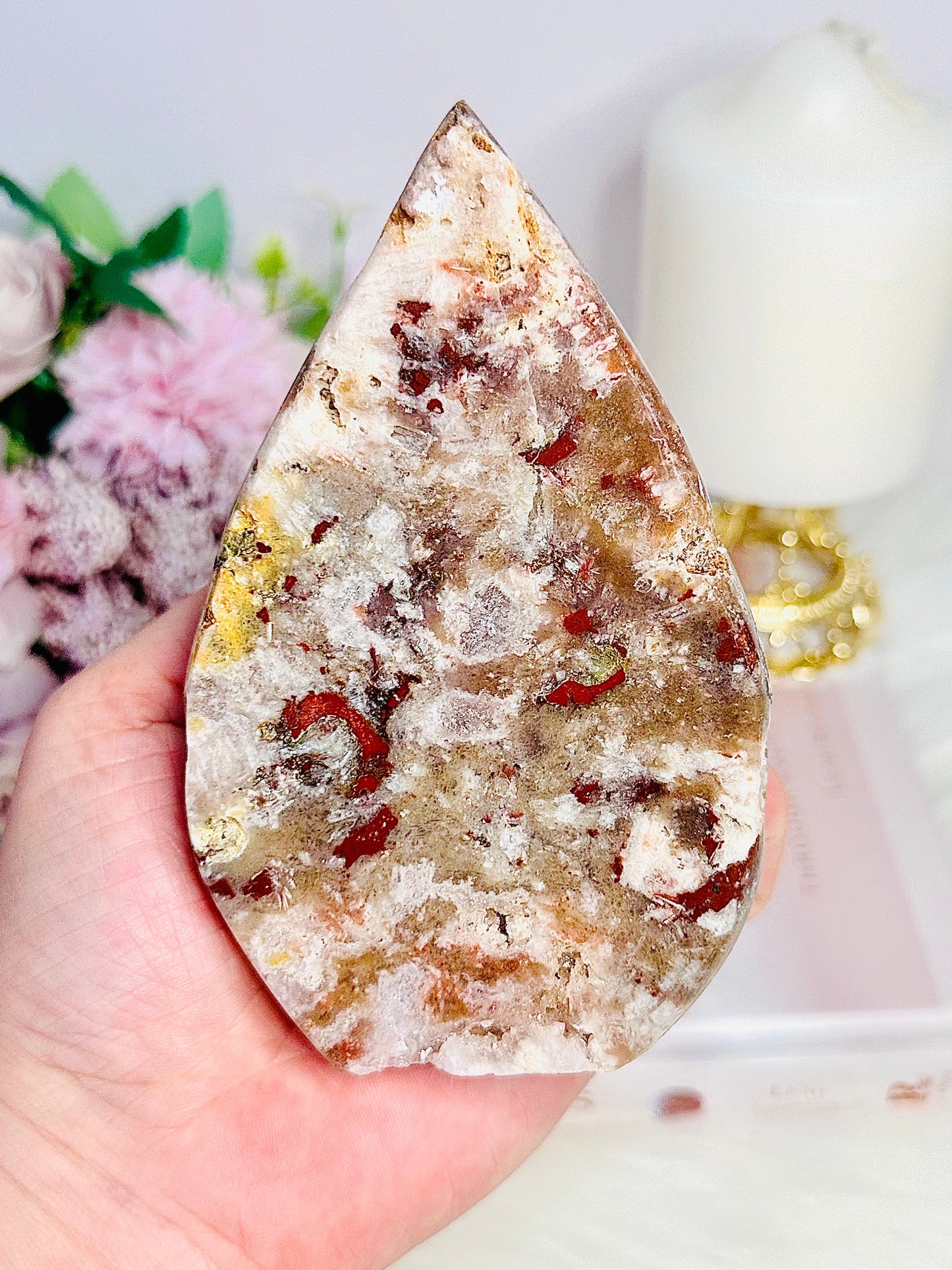 Pink Amethyst Carved Flame | Freeform with Red Jasper Inclusions 12cm 441grams From Brazil