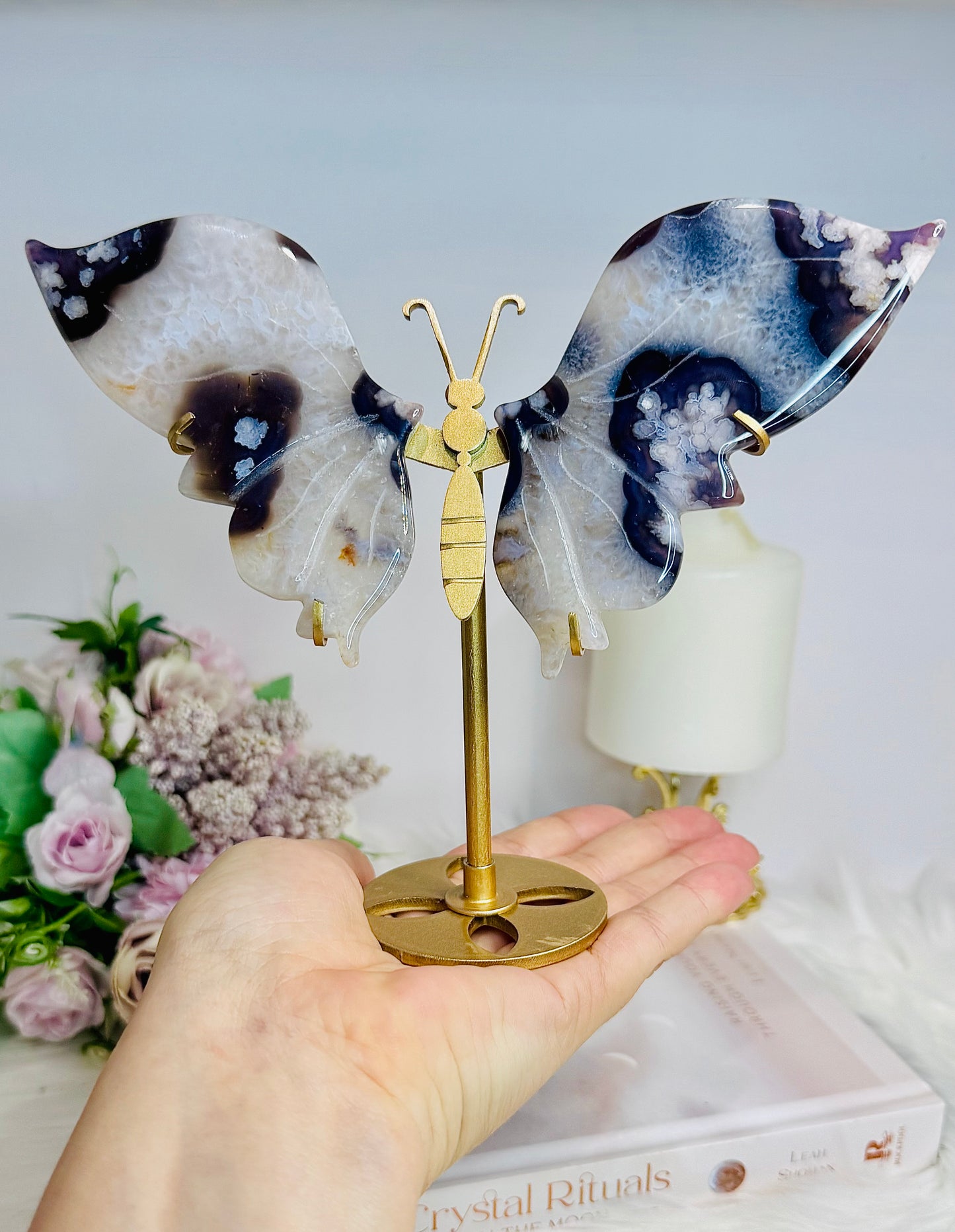 Black Flower Agate Butterfly Wings on Stand 15cm