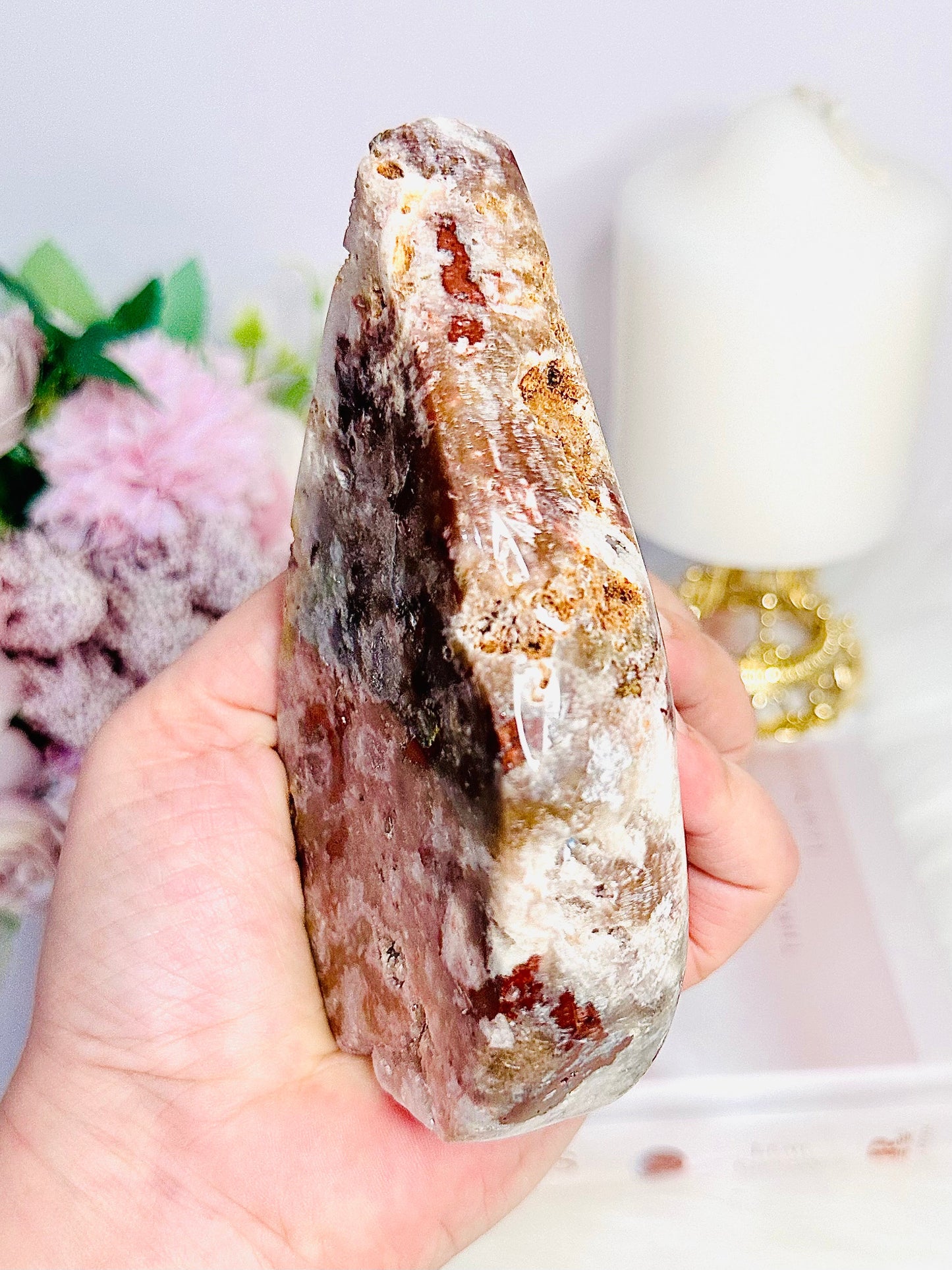 Pink Amethyst Carved Flame | Freeform with Red Jasper Inclusions 12cm 441grams From Brazil