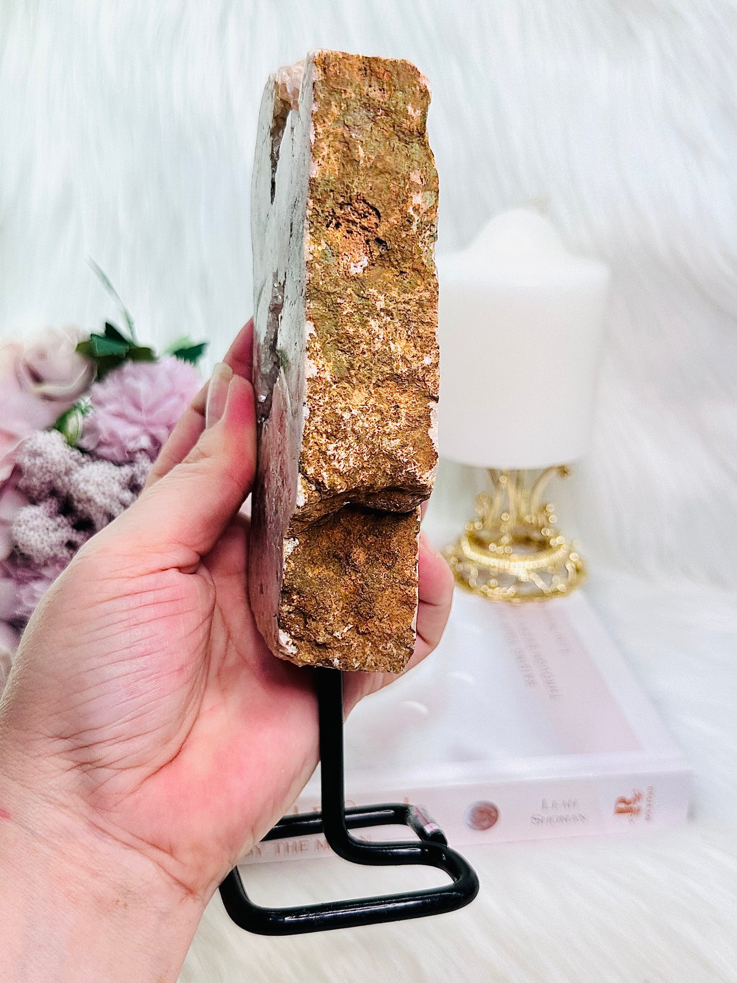 Classy & Fabulous Large Chunky 20cm 685gram Druzy Pink Amethyst Slab On Stand From Brazil with Stunning Crystallisation