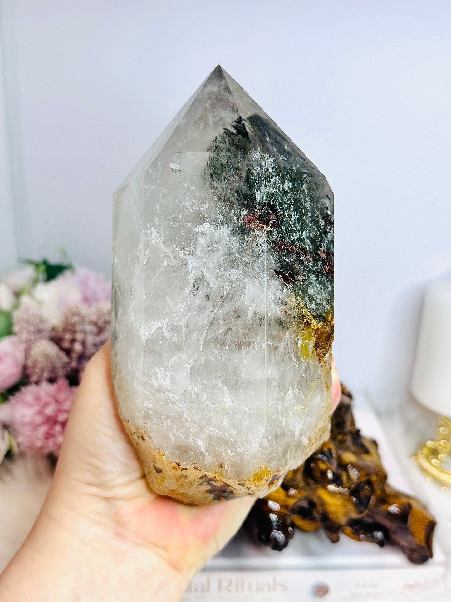 Huge Natural Garden Quartz Tower on Wooden Base 21cm Tall 19cm Wide 1.6KG