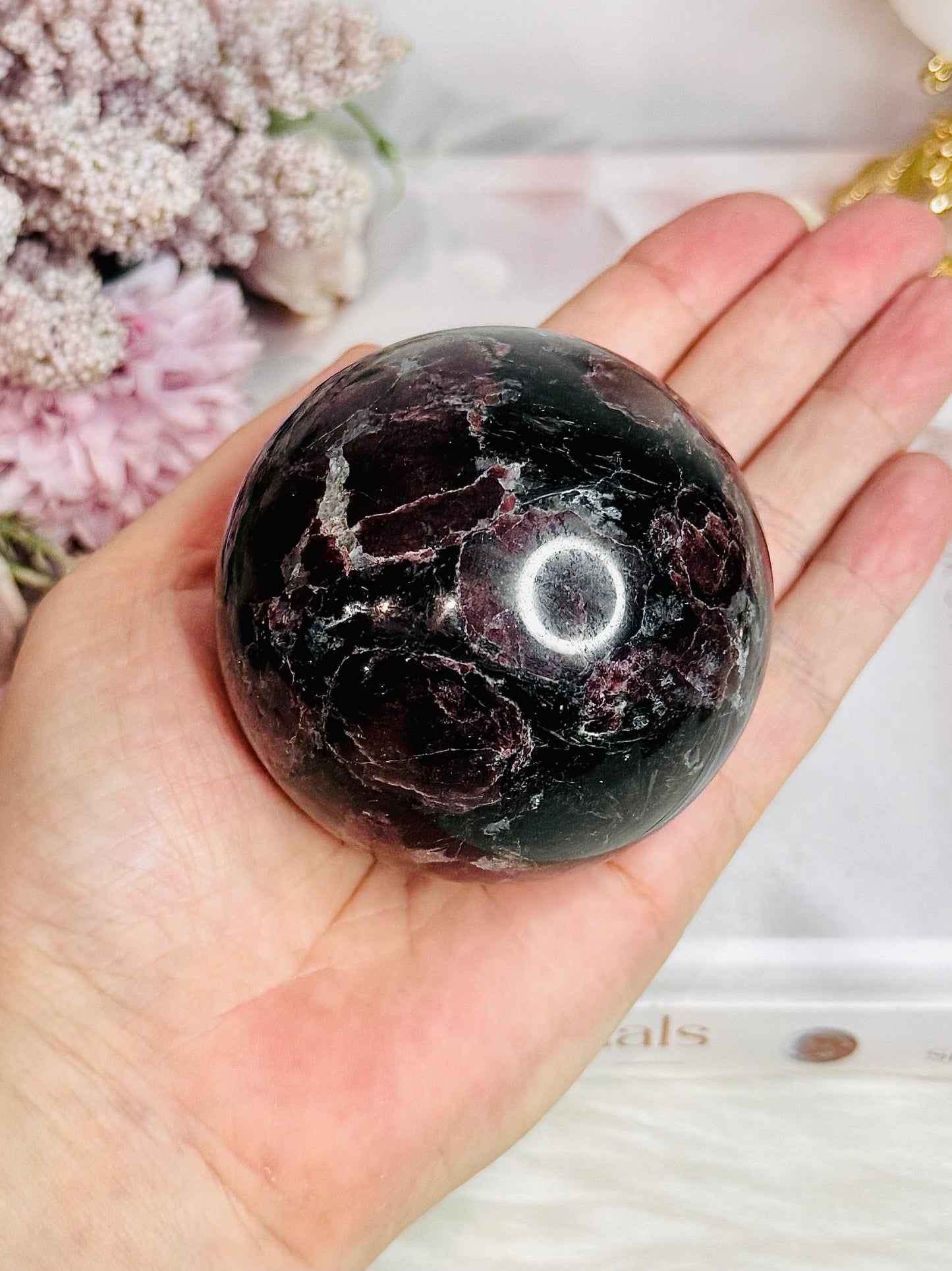 Large Garnet In Astrophyllite Sphere on Stand 532grams