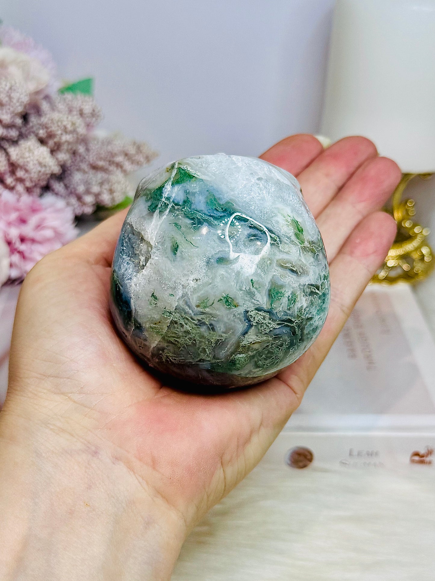 Large Moss Agate Carved Skull 9cm 452g