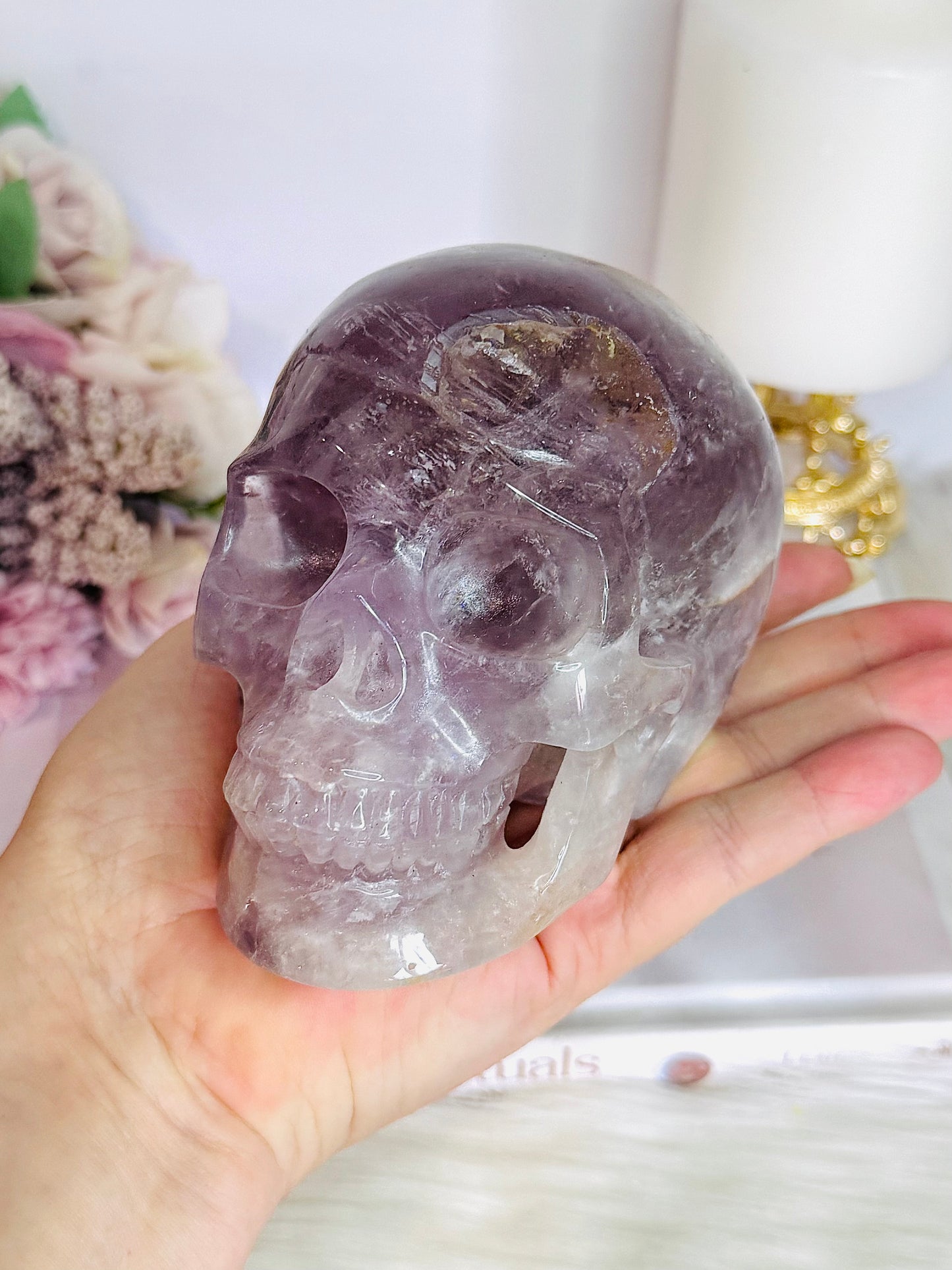 Huge 991gram High Grade Amethyst Carved Skull with Rainbows