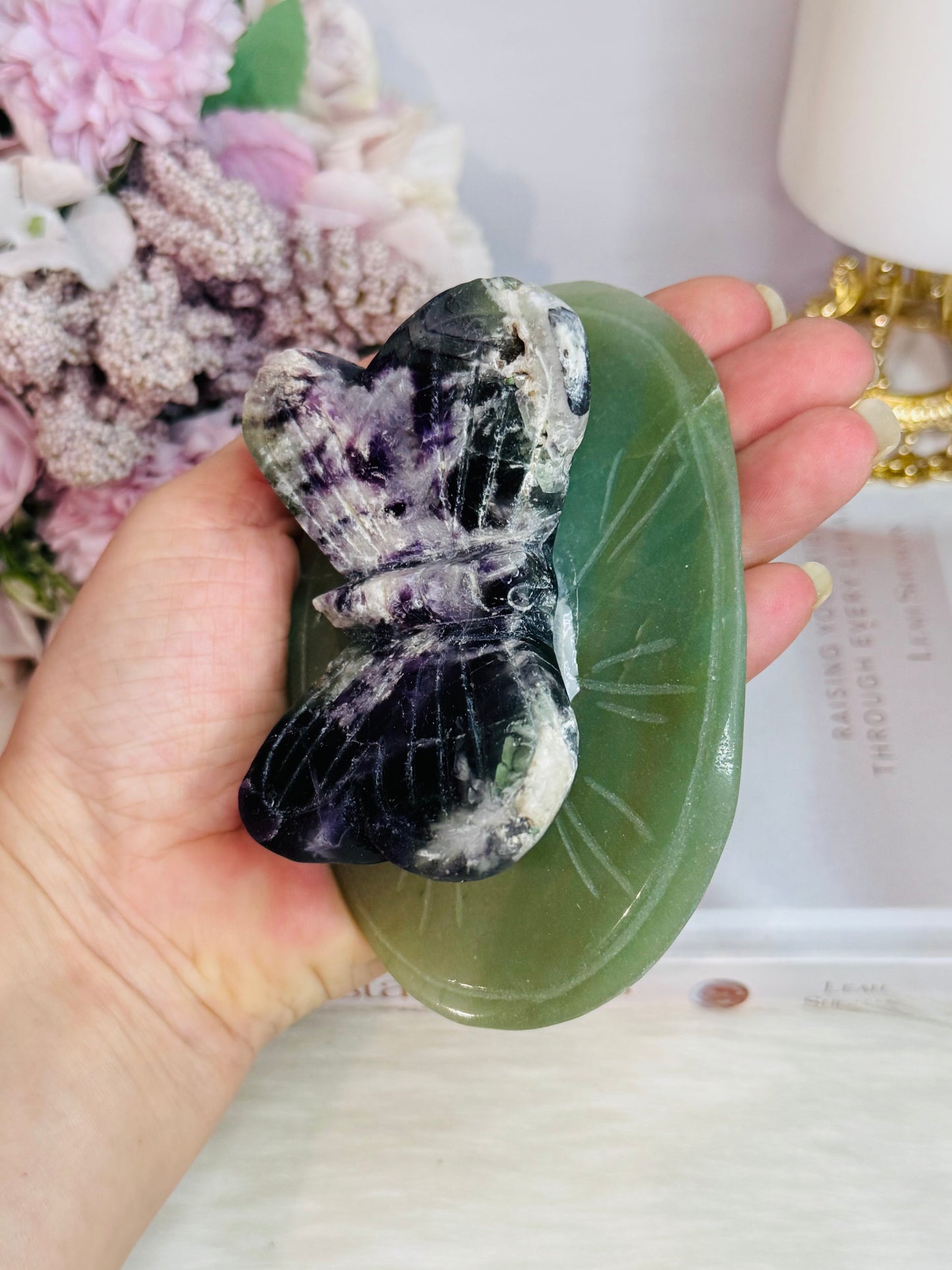 Large Rainbow Fluorite Carved Butterfly On Green Aventurine Lillypad / Leaf 10cm