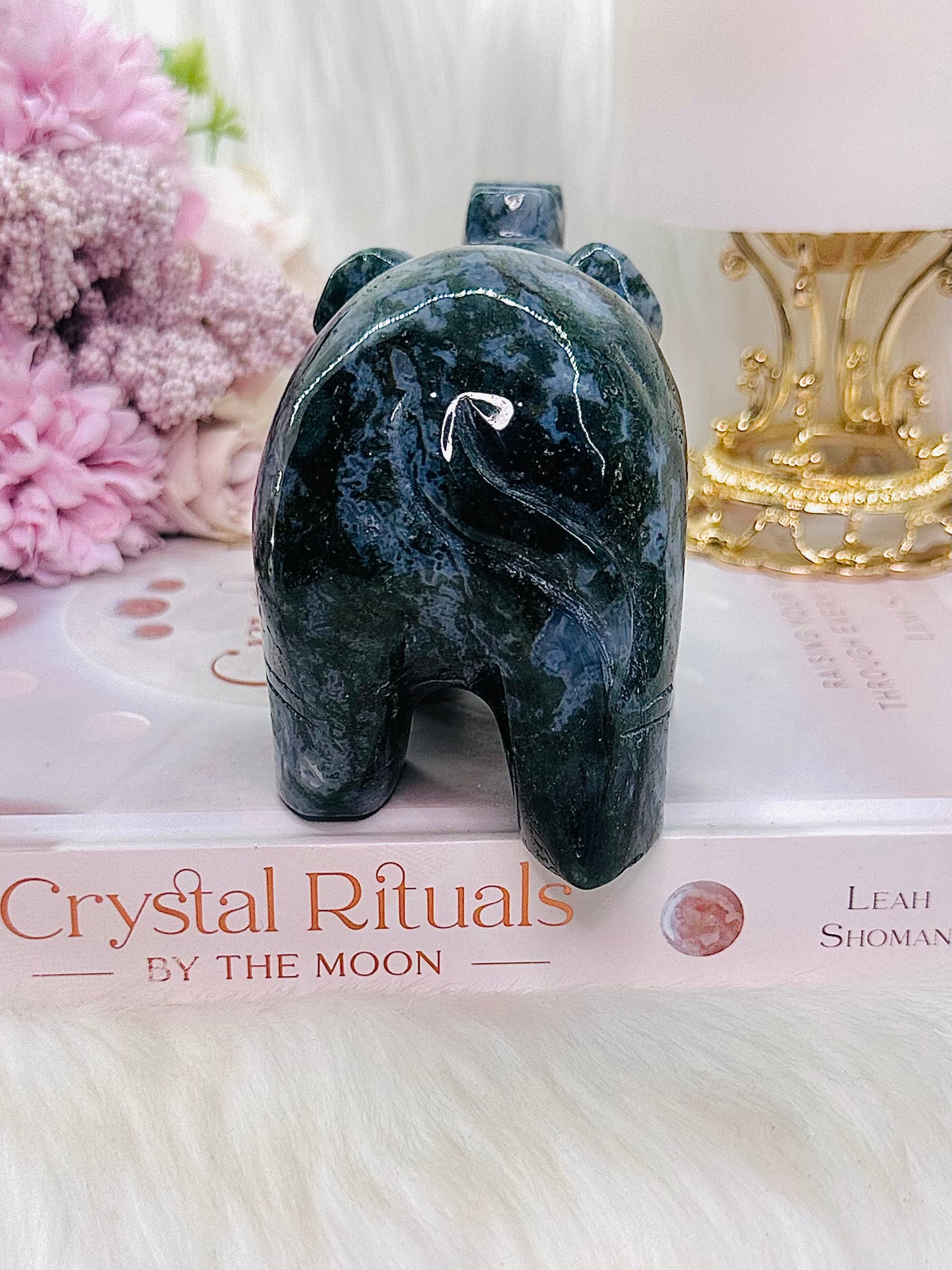 Large 635gram 13cm Blue & Green Moss Agate Carved Elephant