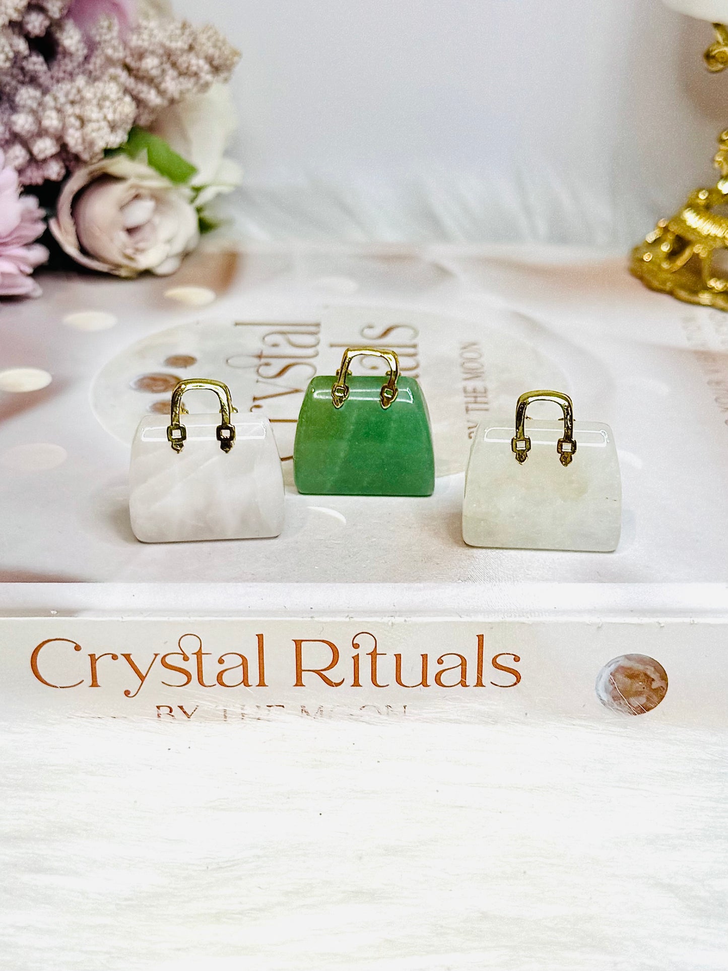 Set of 3 Carved Handbags ~ Rose Quartz, Clear Quartz & Aventurine