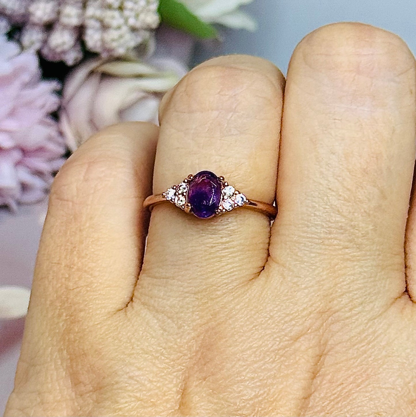 Rose Gold Adjustable Amethyst Ring In Gift Bag