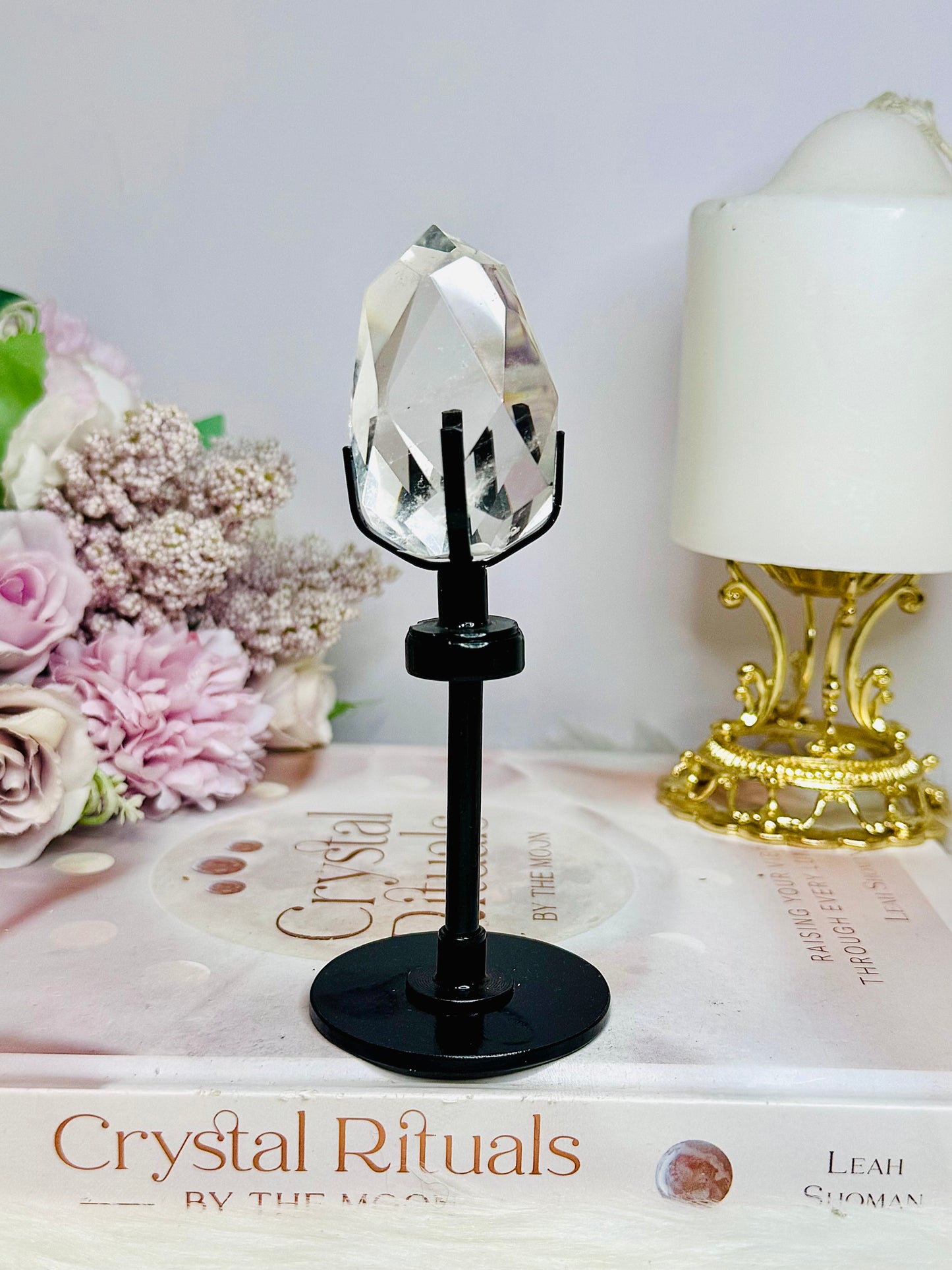 High Grade Clear Quartz Faceted Diamond On Stand 13cm