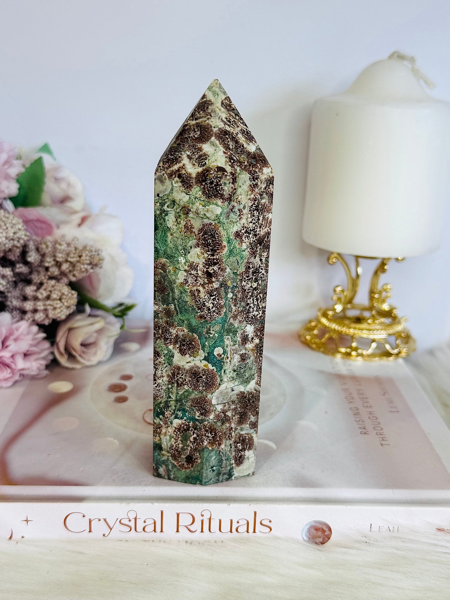 Green Firework Agate Large Tower 15cm ~ Reduced as chip on side