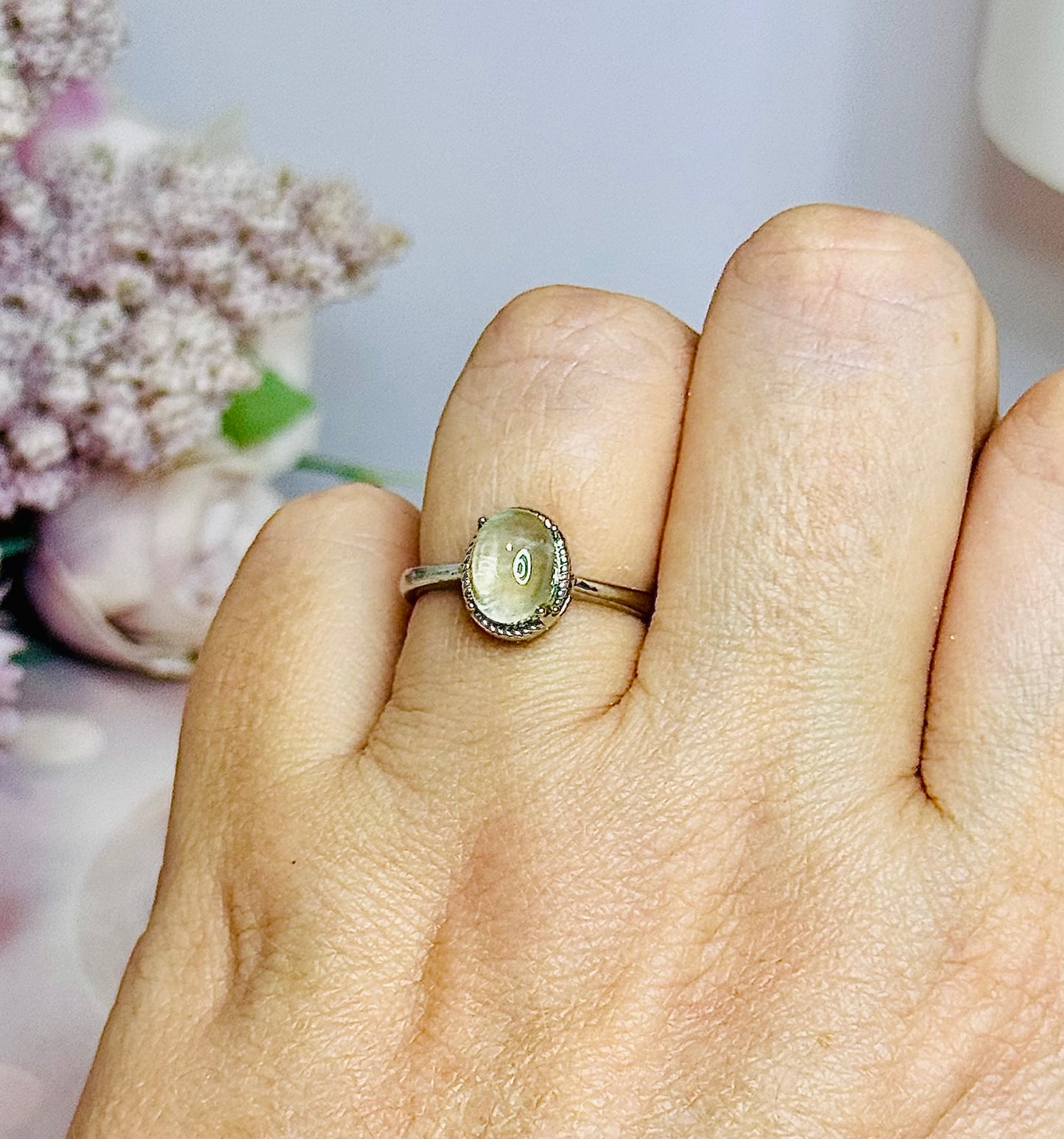 Silver Prehnite Adjustable Ring in Gift Bag