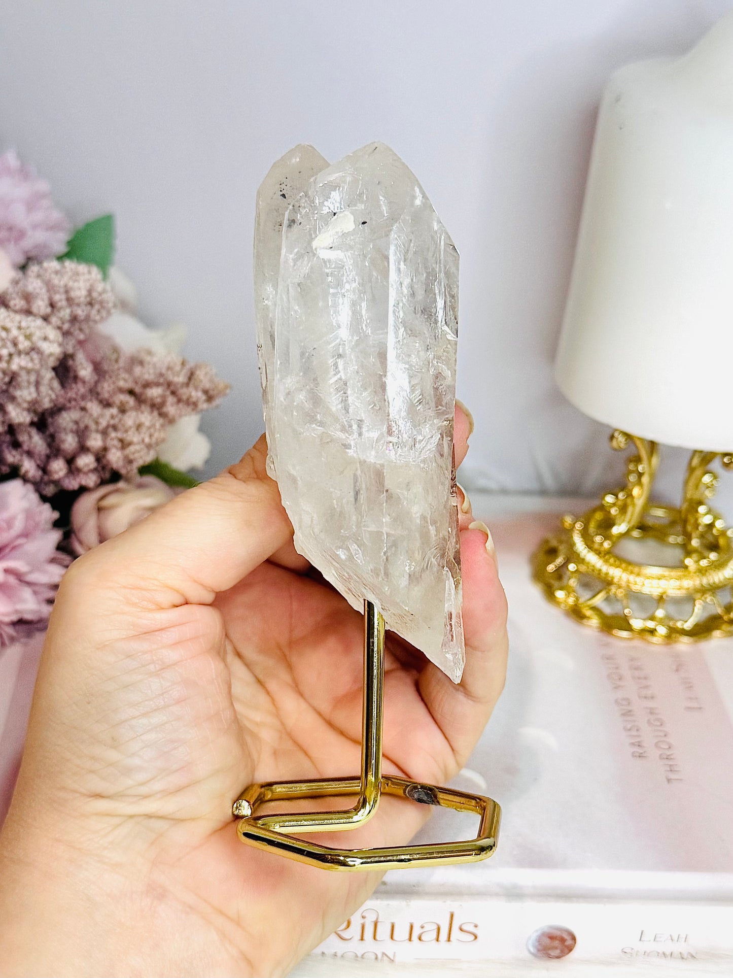 Clear Quartz Double Terminated Point Tower on Gold Stand 13cm