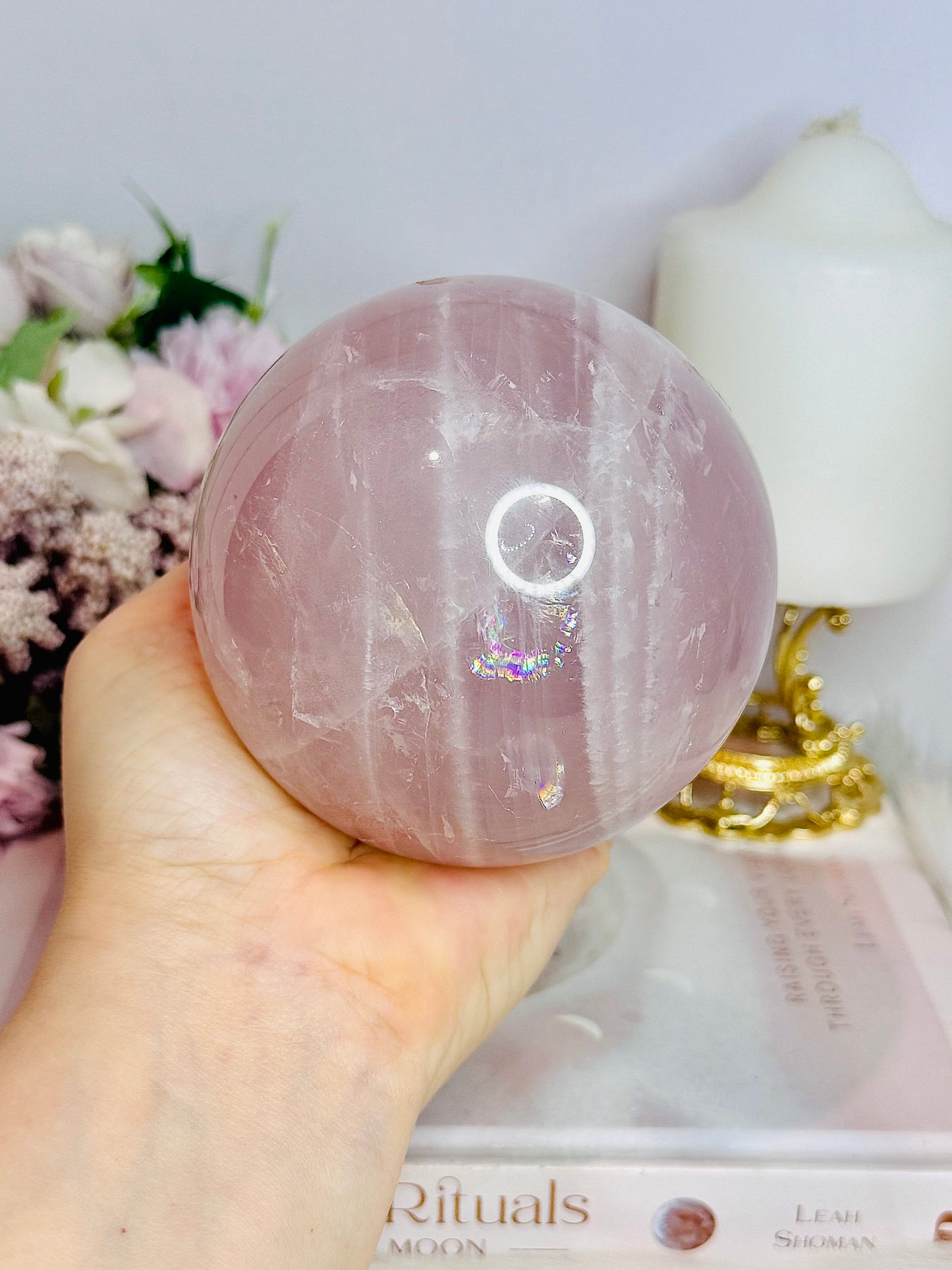Huge Lavender Rose Quartz Sphere with Rainbows 1.06KG