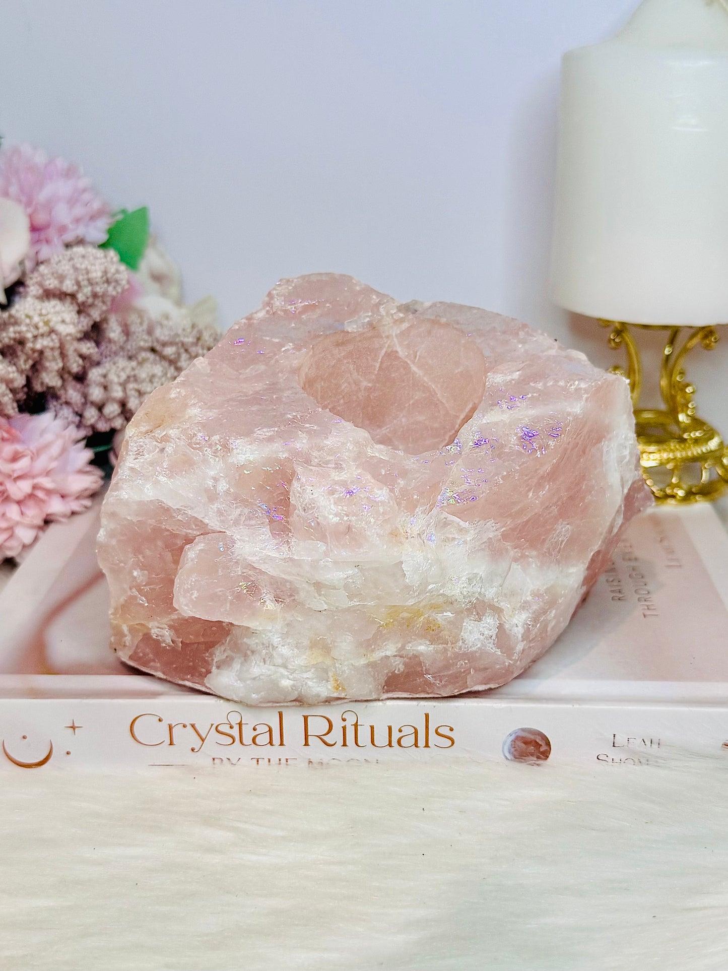 Large Chunky 1.2KG 14cm Angel Aura Rose Quartz Candle Holder
