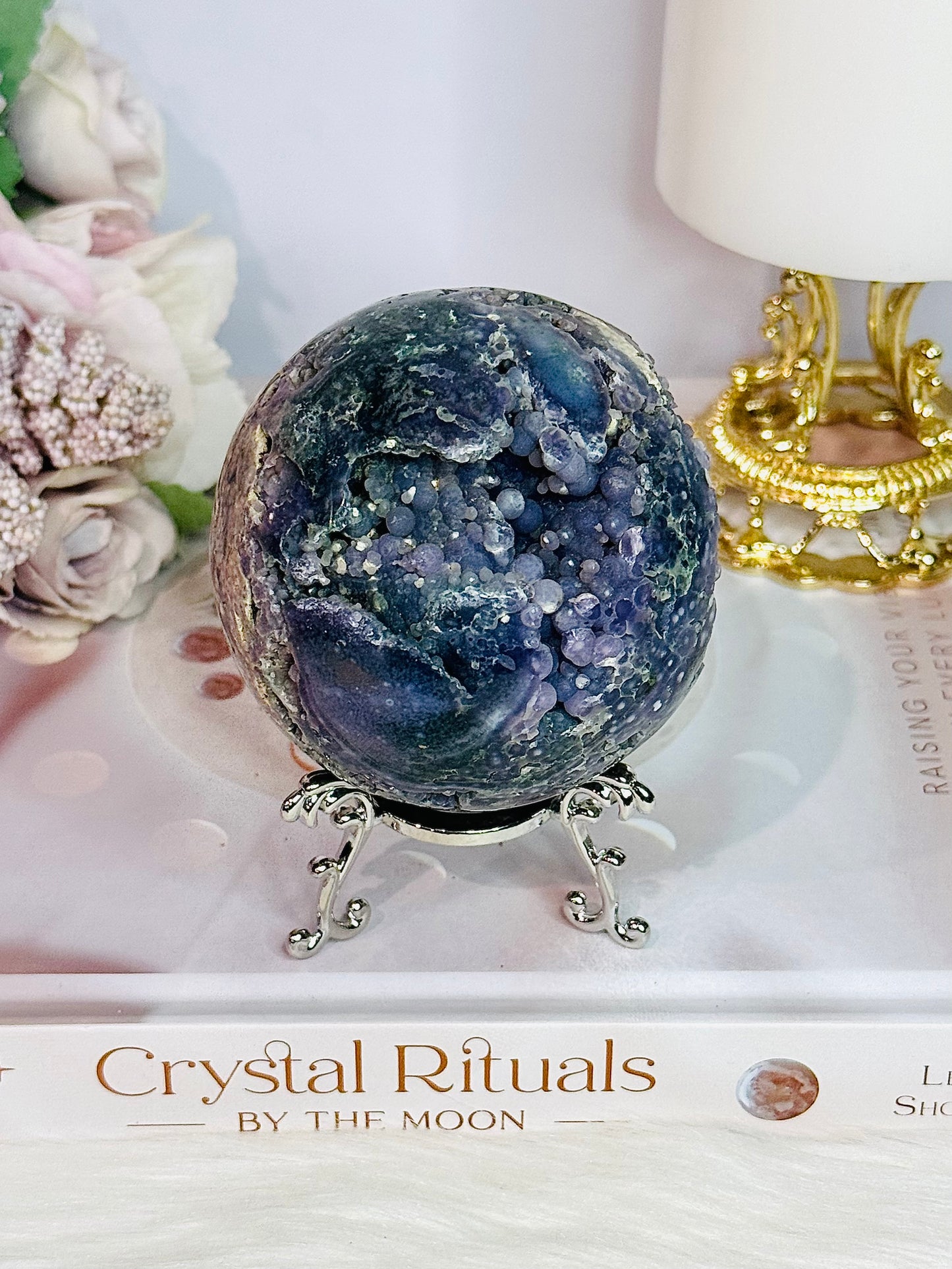 Phenomenally Gorgeous Natural Large Grape Agate Sphere 374grams On Stand