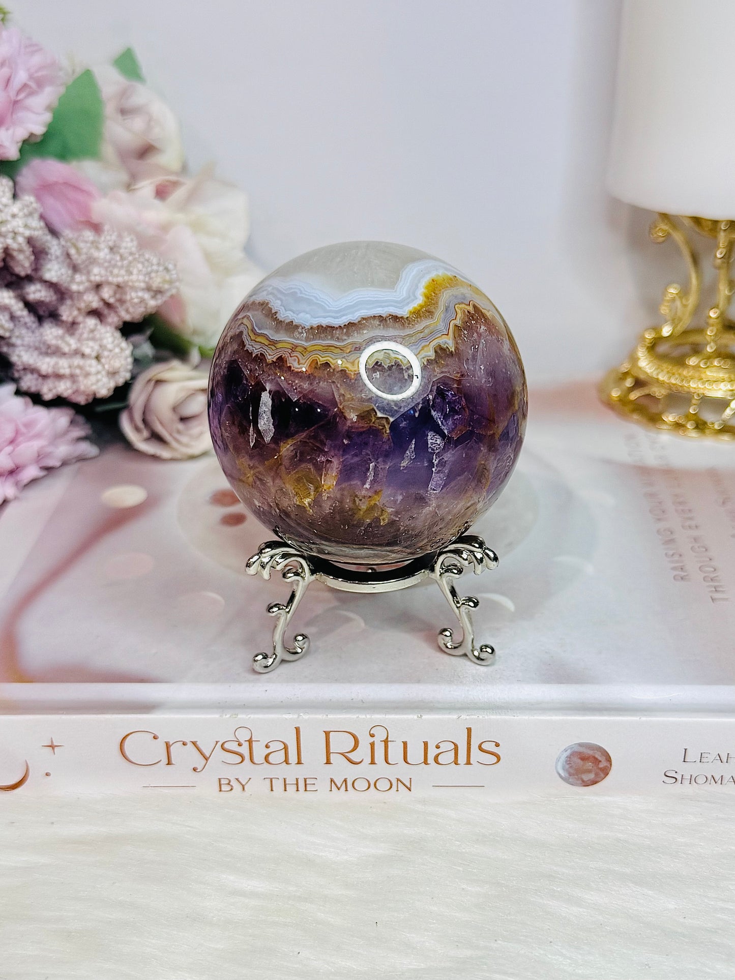 Amethyst X Agate High Grade Sphere on Stand 355grams