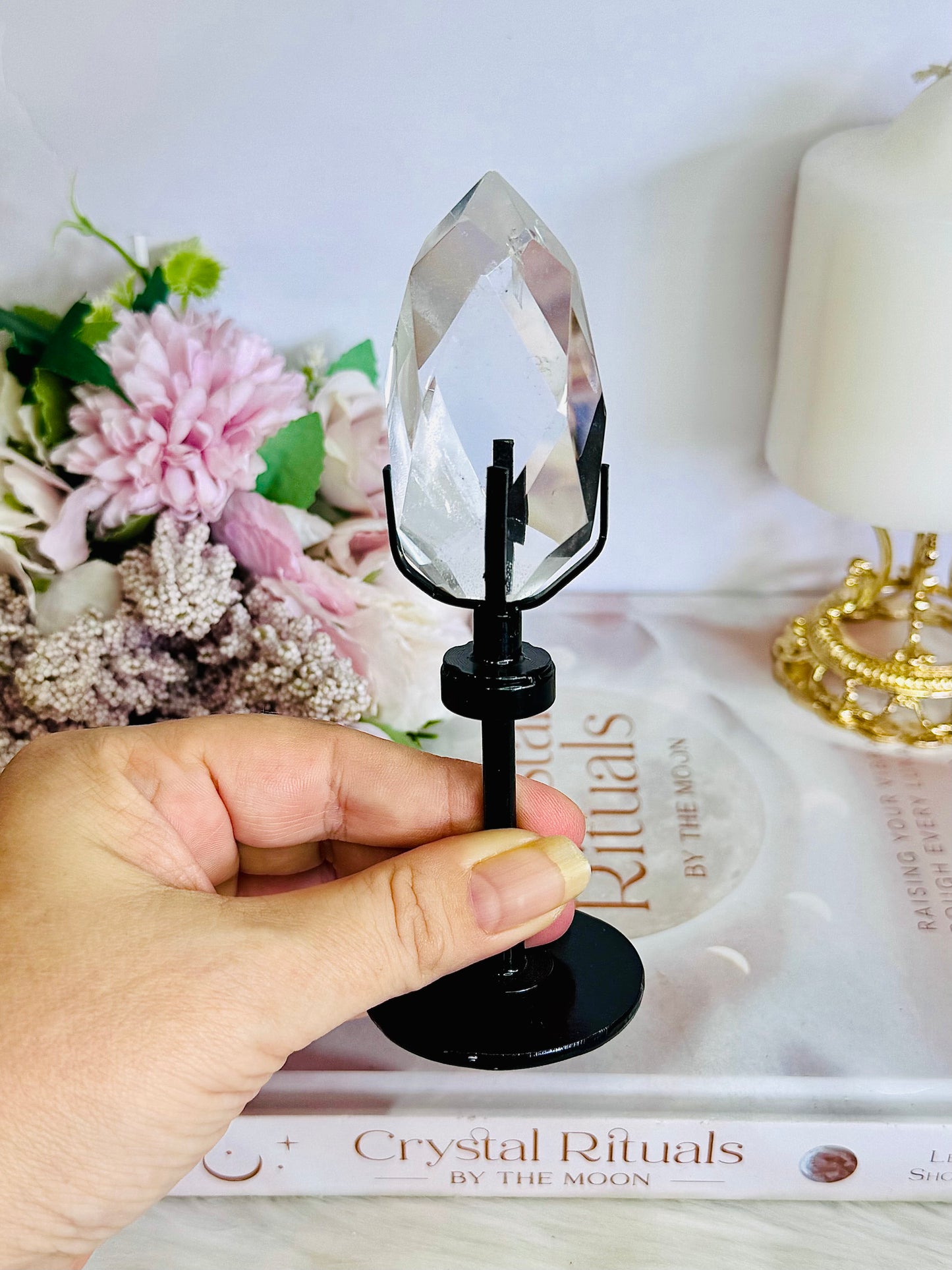 Classy & Fabulous High Grade Clear Quartz Faceted Diamond on Stand 14cm Tall