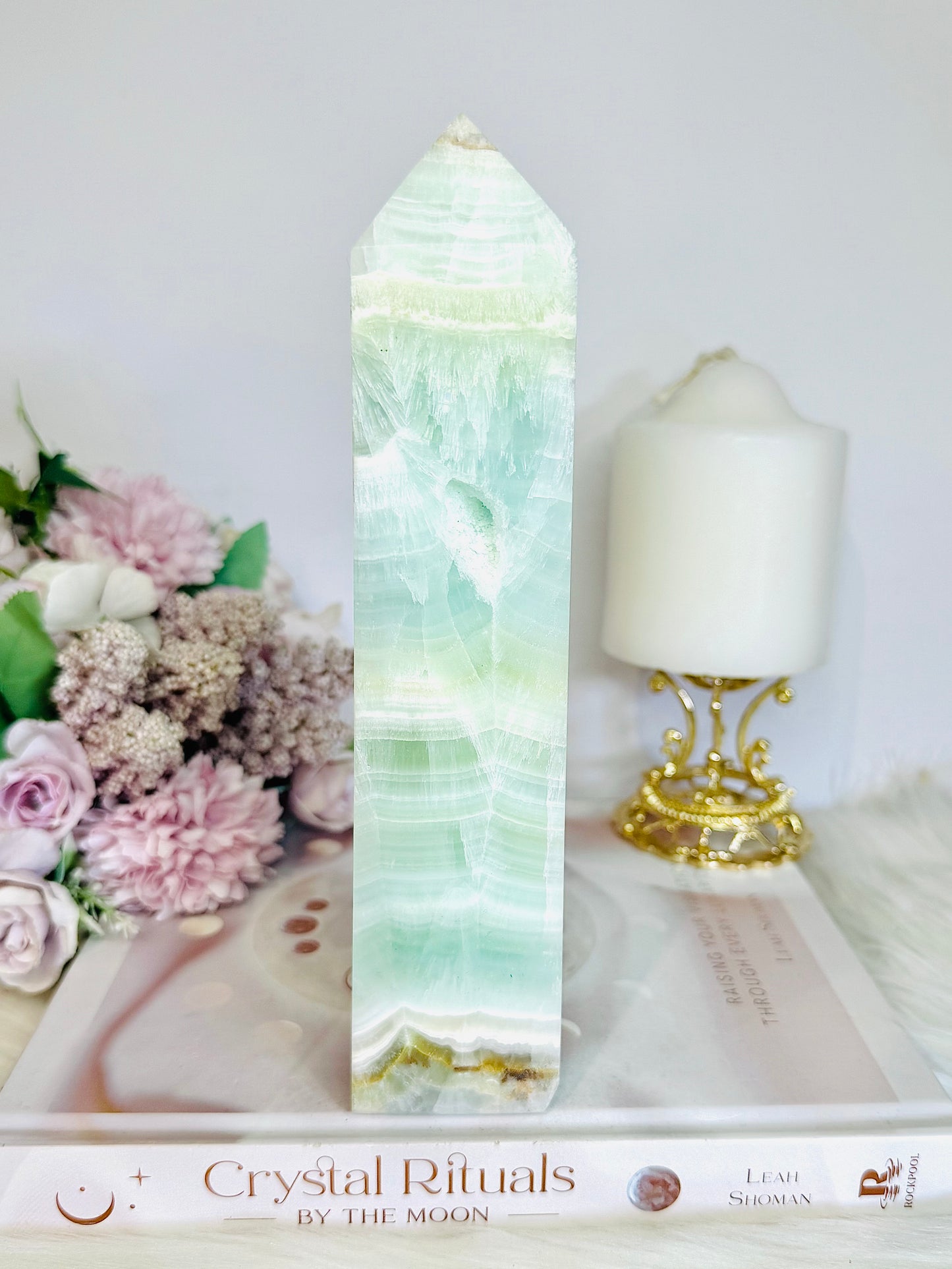 Huge 20cm Pistachio Calcite Druzy Tower